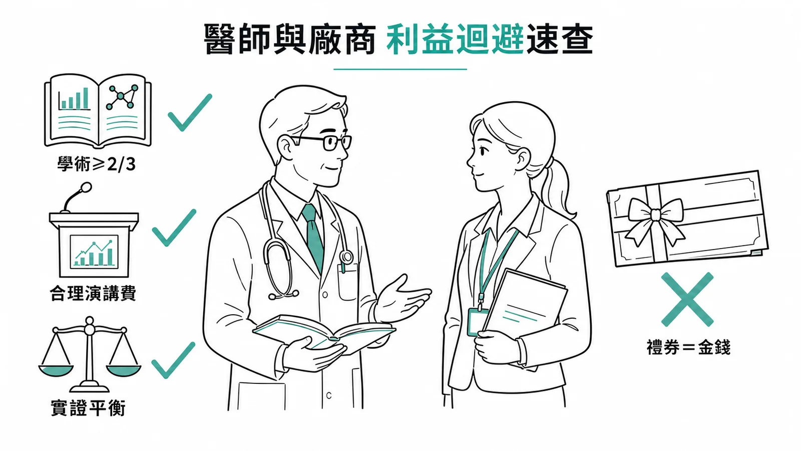 醫師與廠商利益迴避：學術≥2/3、合理演講費、實證平衡皆可，禮券視同金錢不可收受