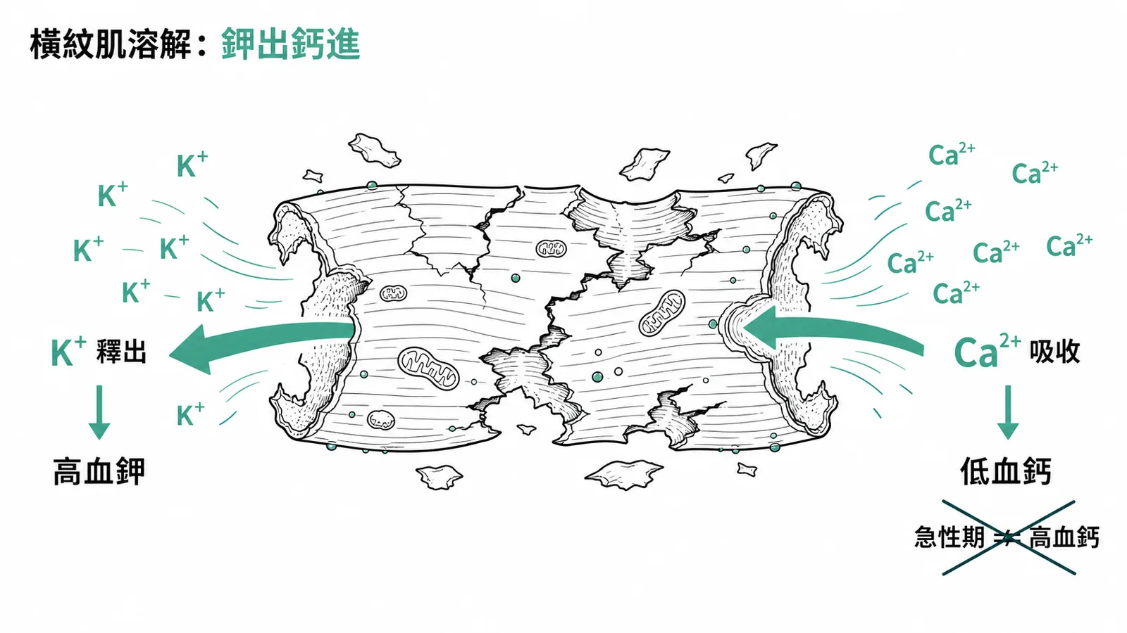 橫紋肌溶解症急性期電解質變化:K⁺釋出致高血鉀,Ca²⁺被受損肌肉吸收致低血鈣