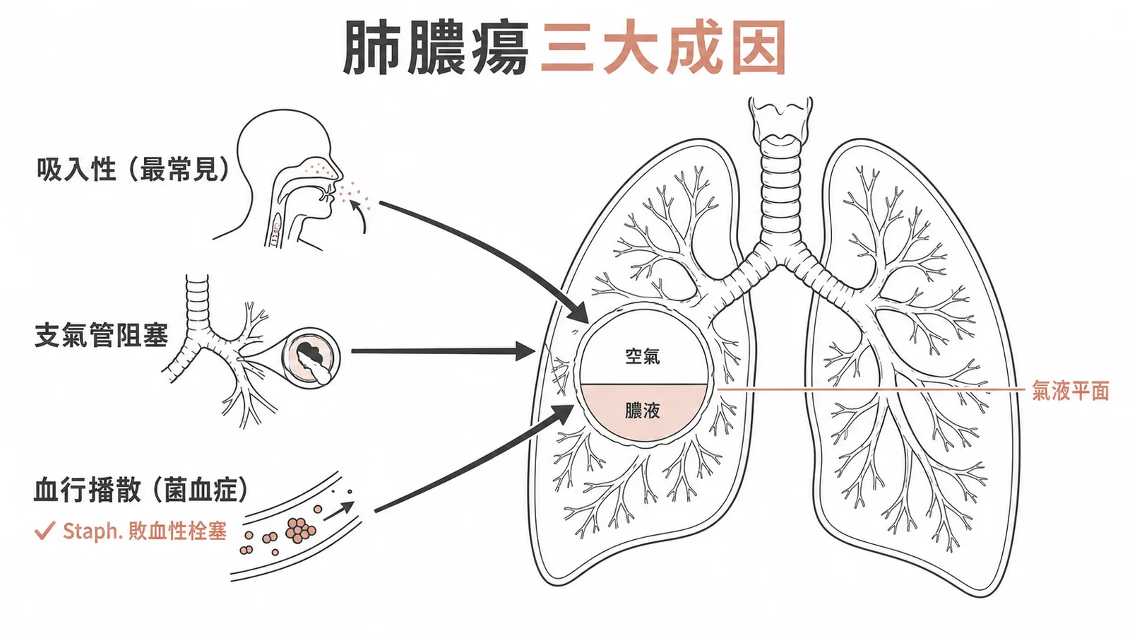 肺膿瘍三大成因:吸入性最常見、支氣管阻塞、血行播散含葡萄球菌敗血性栓塞