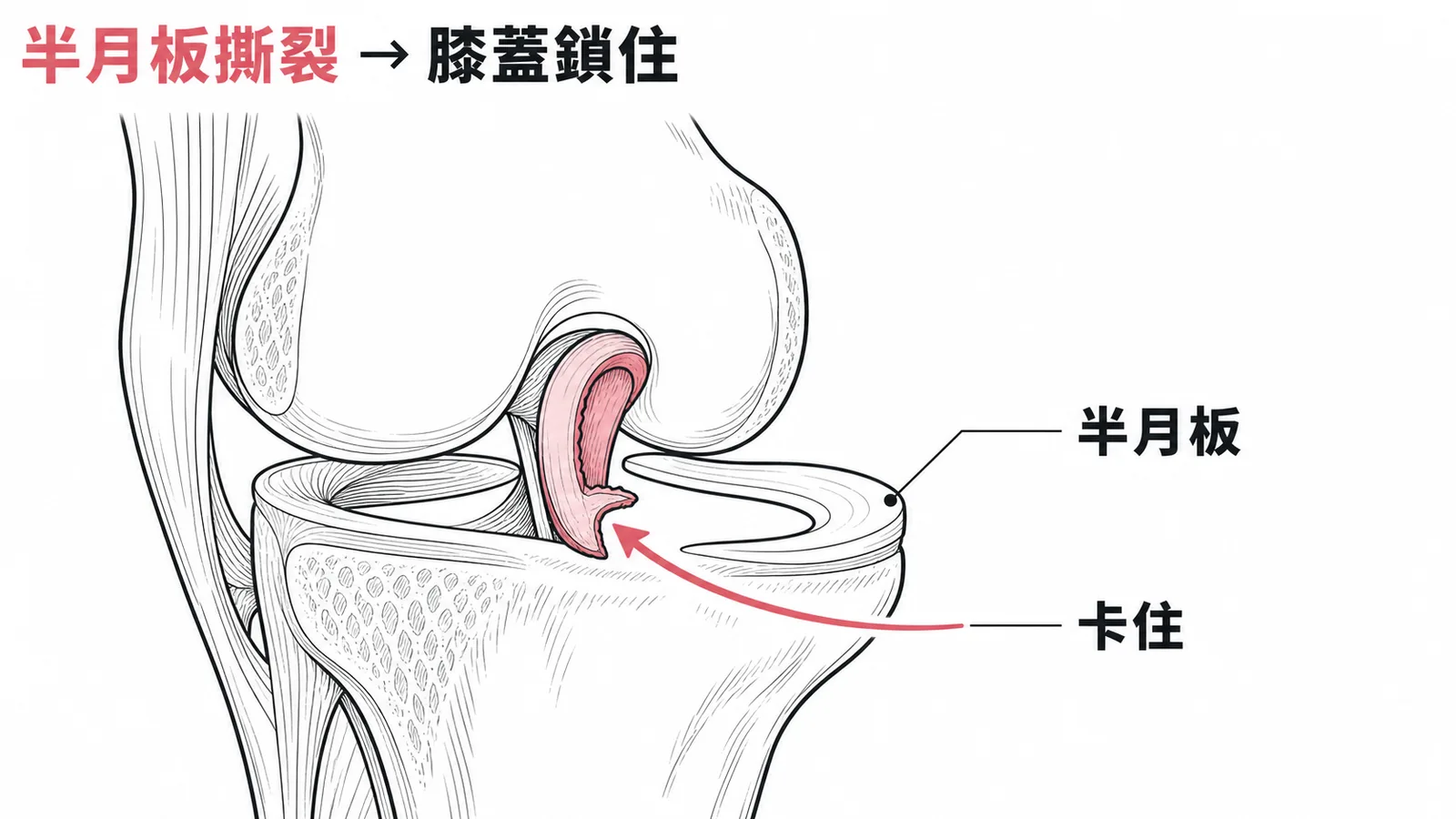 半月板撕裂導致膝關節卡住（locking）的機轉示意圖