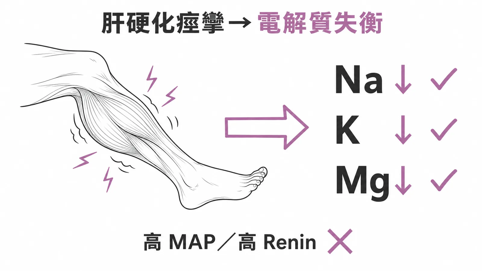 肝硬化肌肉痙攣與電解質失衡有關而非高MAP高Renin的示意圖