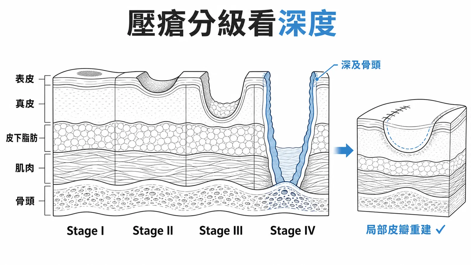 壓瘡四級深度分級與Stage IV局部皮瓣重建示意