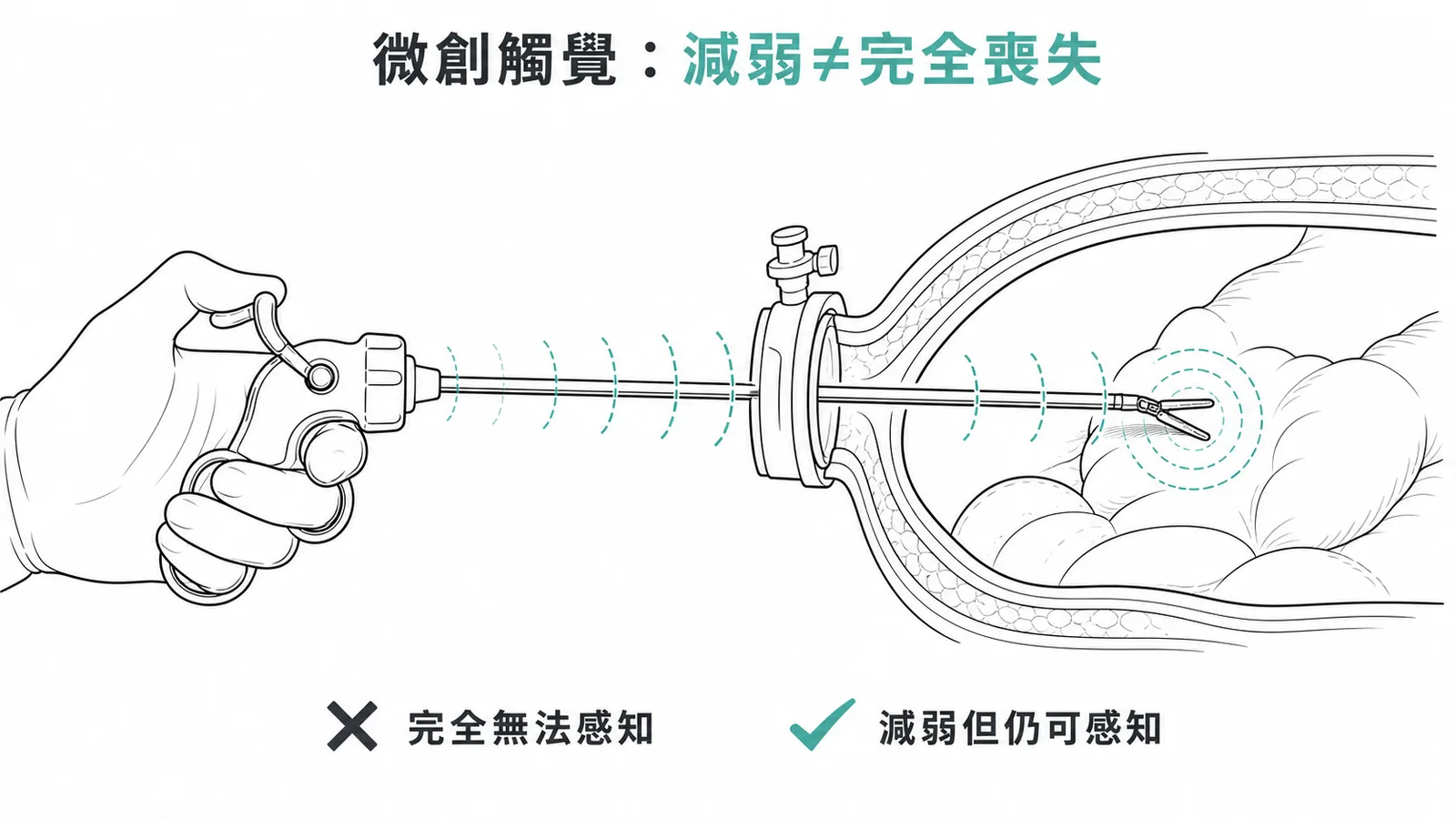微創手術觸覺回饋示意圖：器械介入使觸覺減弱但並非完全喪失