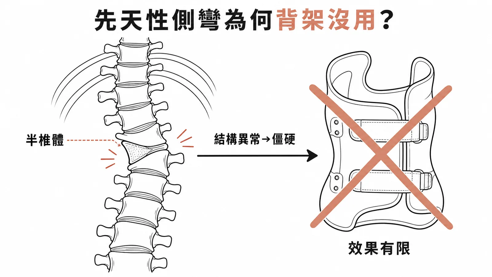 先天性脊椎側彎因半椎體結構異常導致僵硬,背架治療效果有限