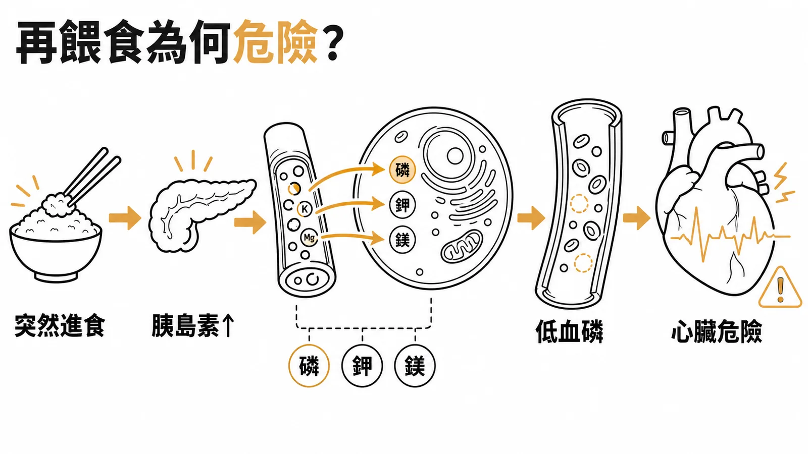 再餵食症候群機轉：進食→胰島素升高→電解質轉入細胞→低血磷→心臟危險