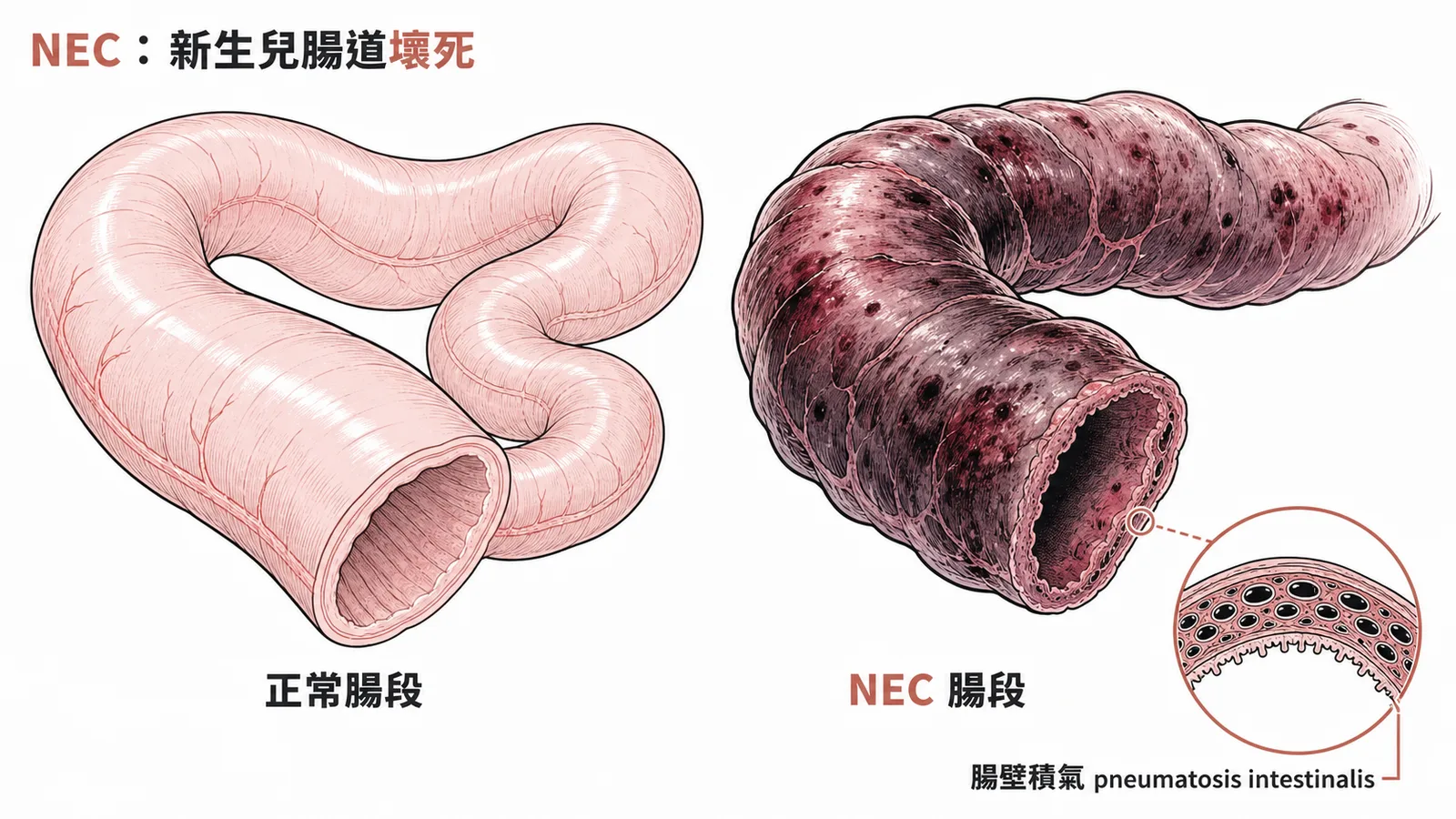 新生兒壞死性腸炎NEC正常與壞死腸段對照