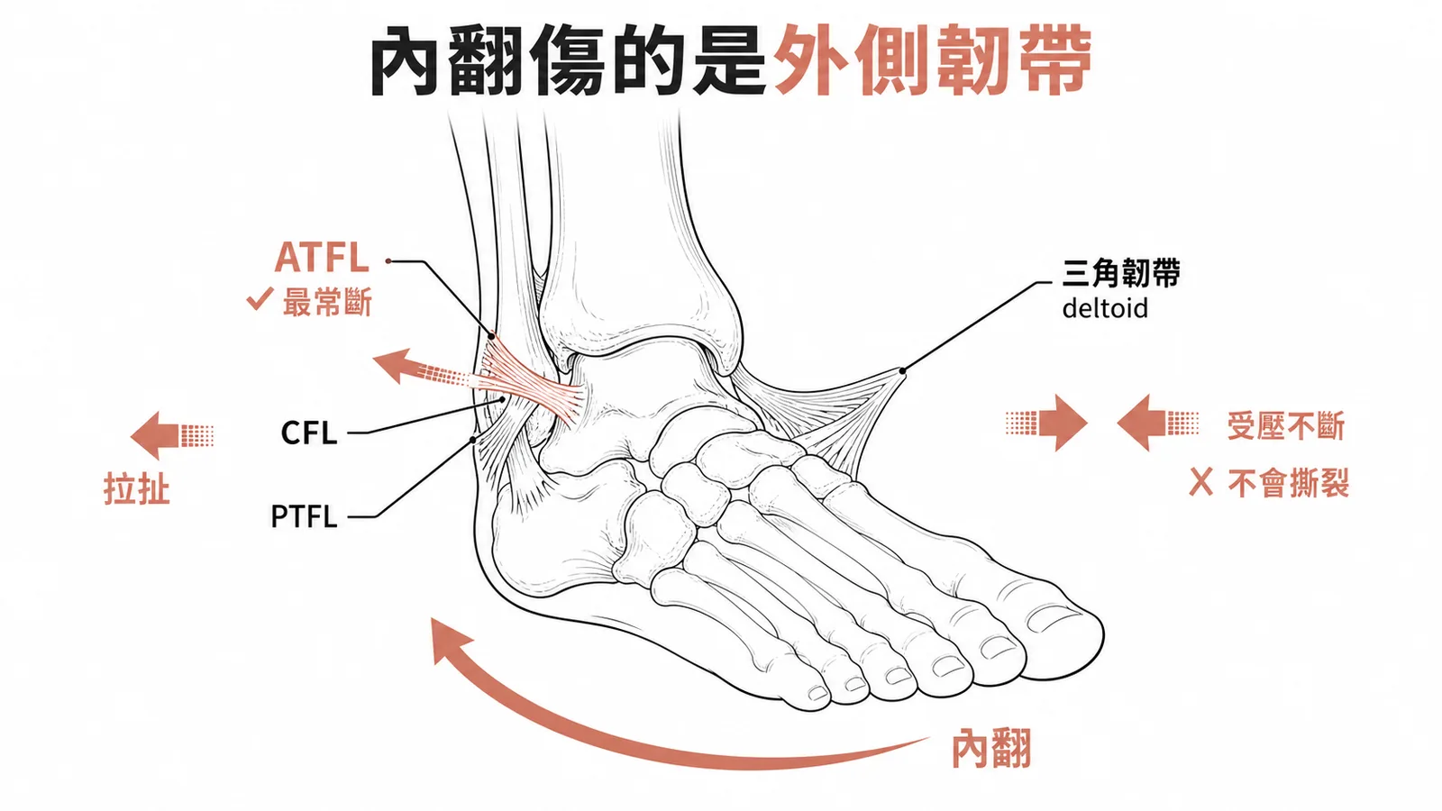 足踝內翻損傷拉扯外側韌帶(ATFL 最常斷),內側三角韌帶受壓不會撕裂