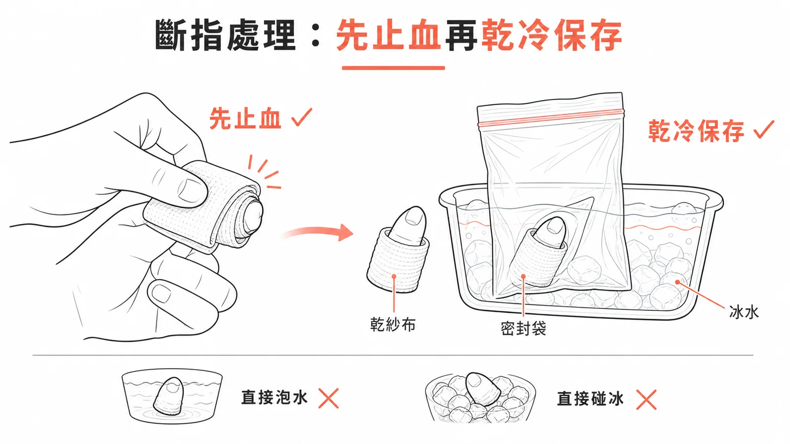 斷指急救先加壓止血，斷指保存原則為乾冷：紗布包覆放密封袋再冰水間冷