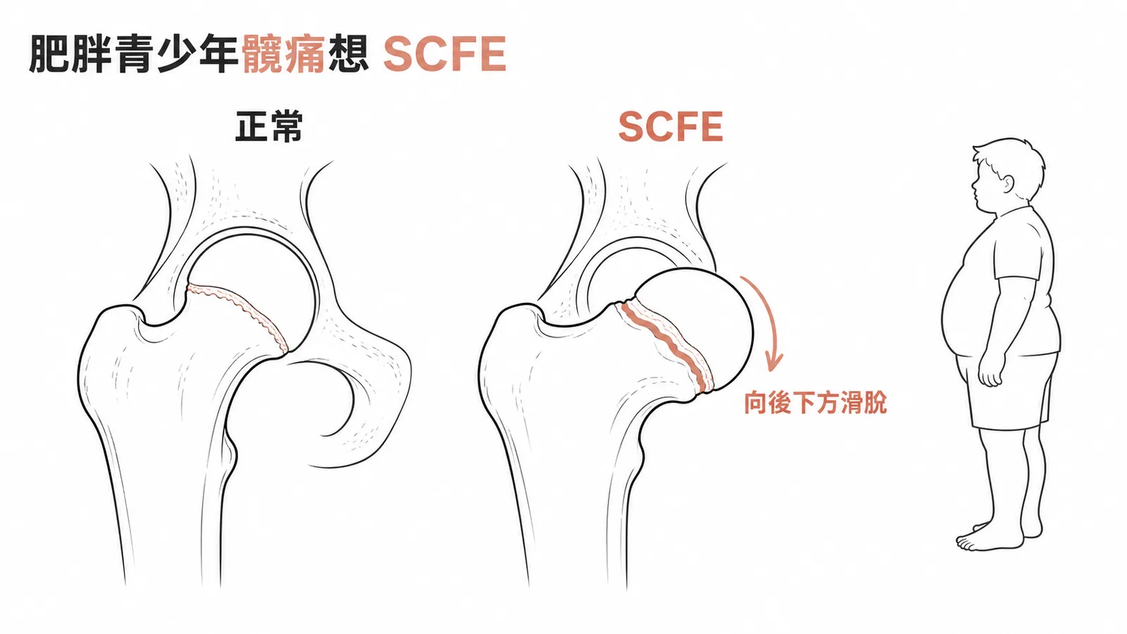 肥胖青少年股骨頭骨骺滑脫症(SCFE):股骨頭向後下方滑脫