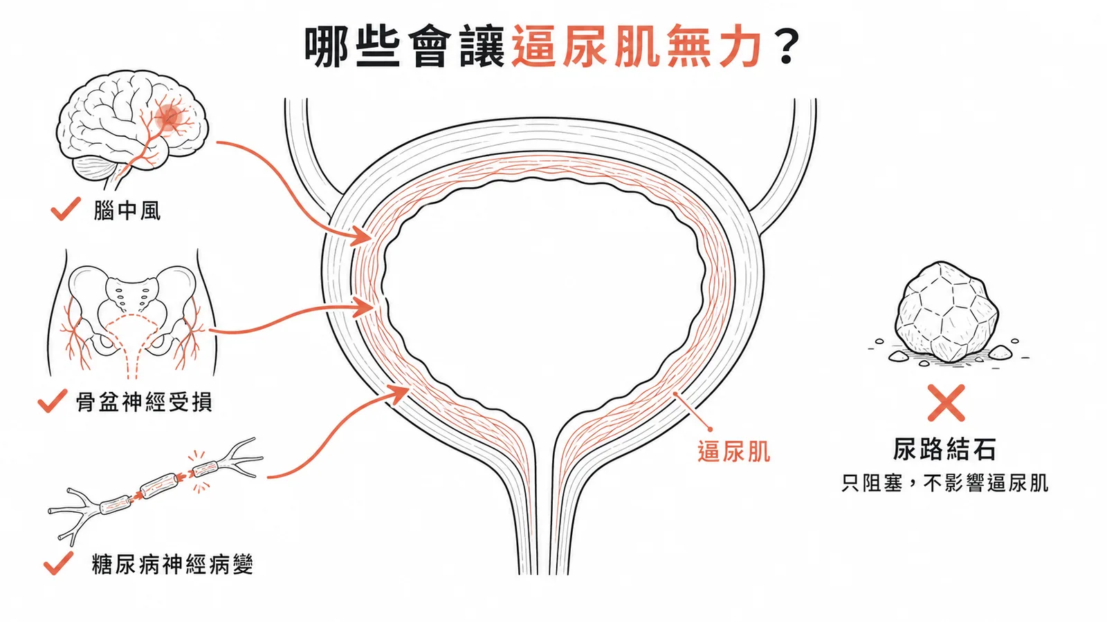 逼尿肌無力原因：神經肌肉損傷而非尿路結石