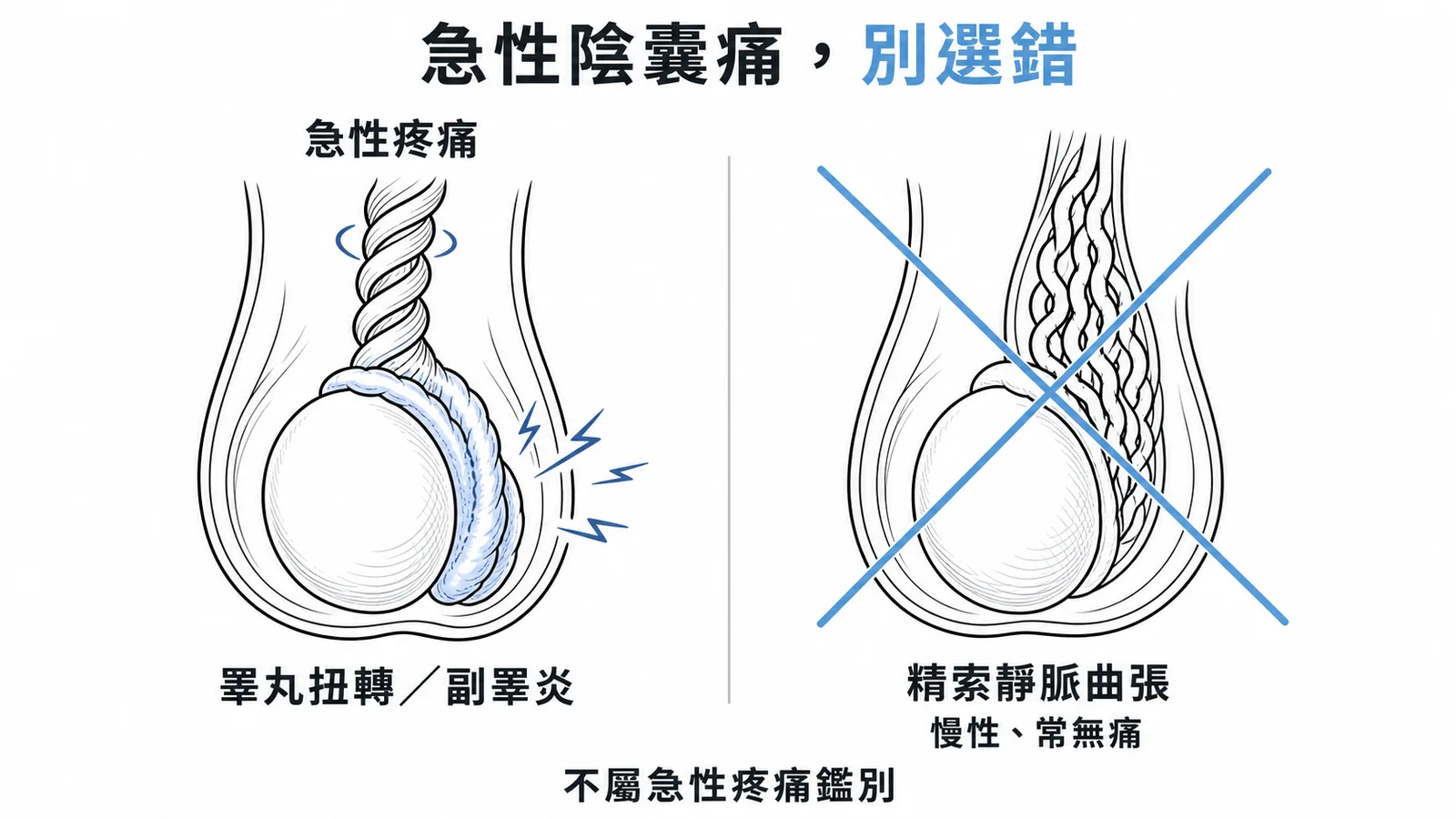 急性陰囊痛鑑別：睪丸扭轉與副睪炎 vs 精索靜脈曲張示意圖
