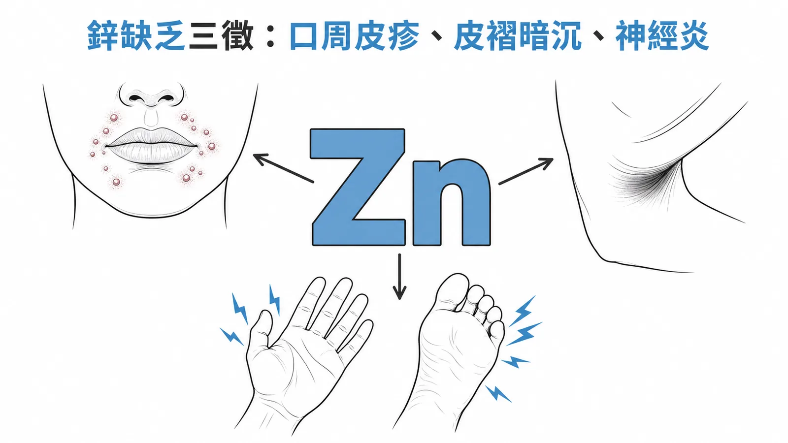鋅缺乏三徵:口周膿皰性皮疹、皮褶暗沉、周邊神經炎