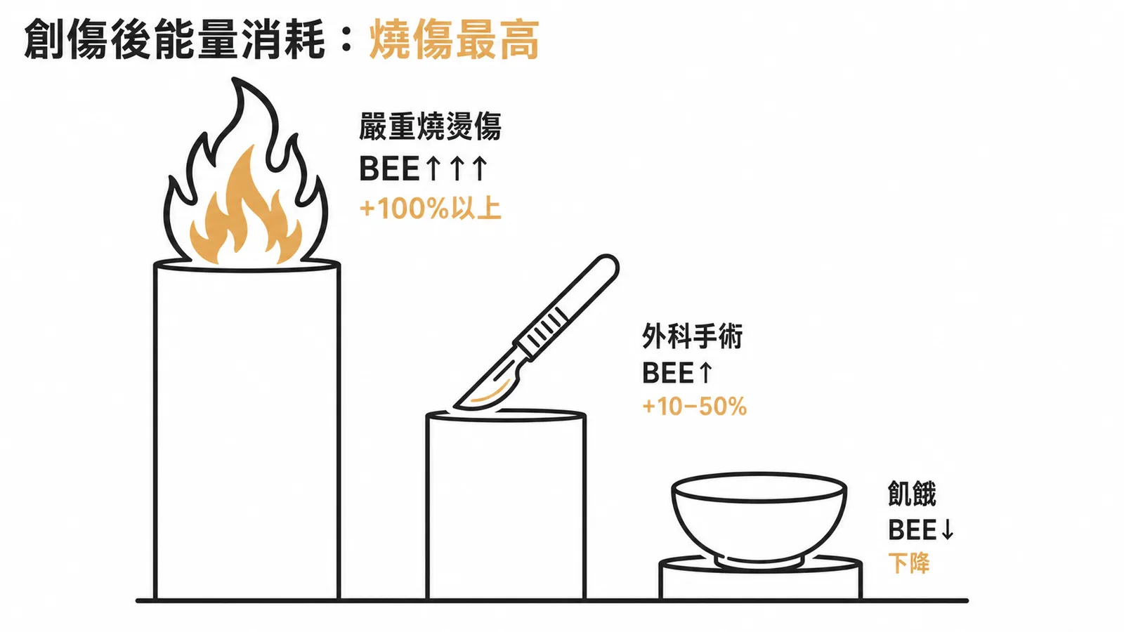 創傷後基礎能量消耗排序：嚴重燒燙傷最高、外科手術次之、飢餓最低