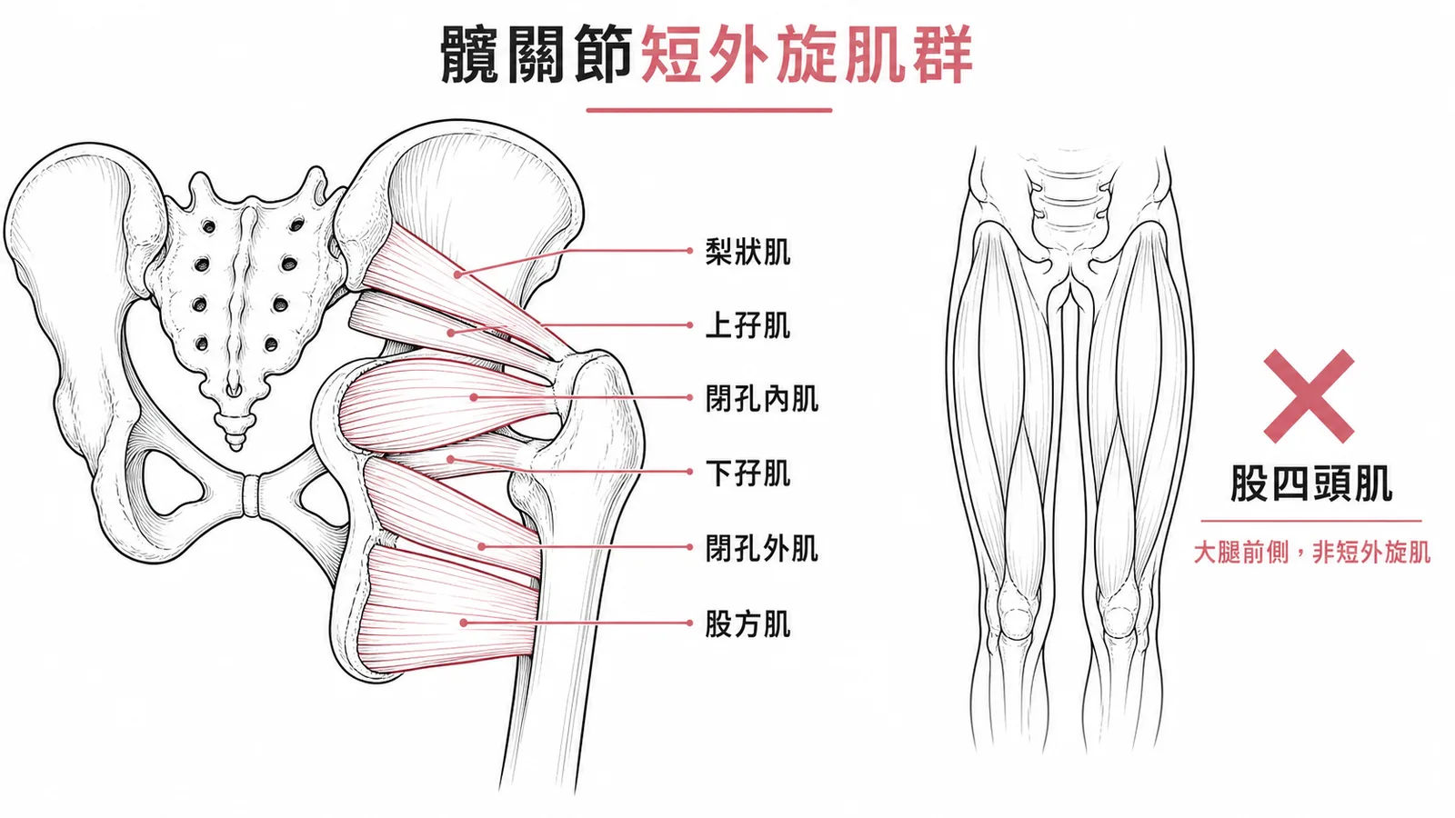 髖關節短外旋肌群六條肌肉解剖位置,股四頭肌不屬於此群