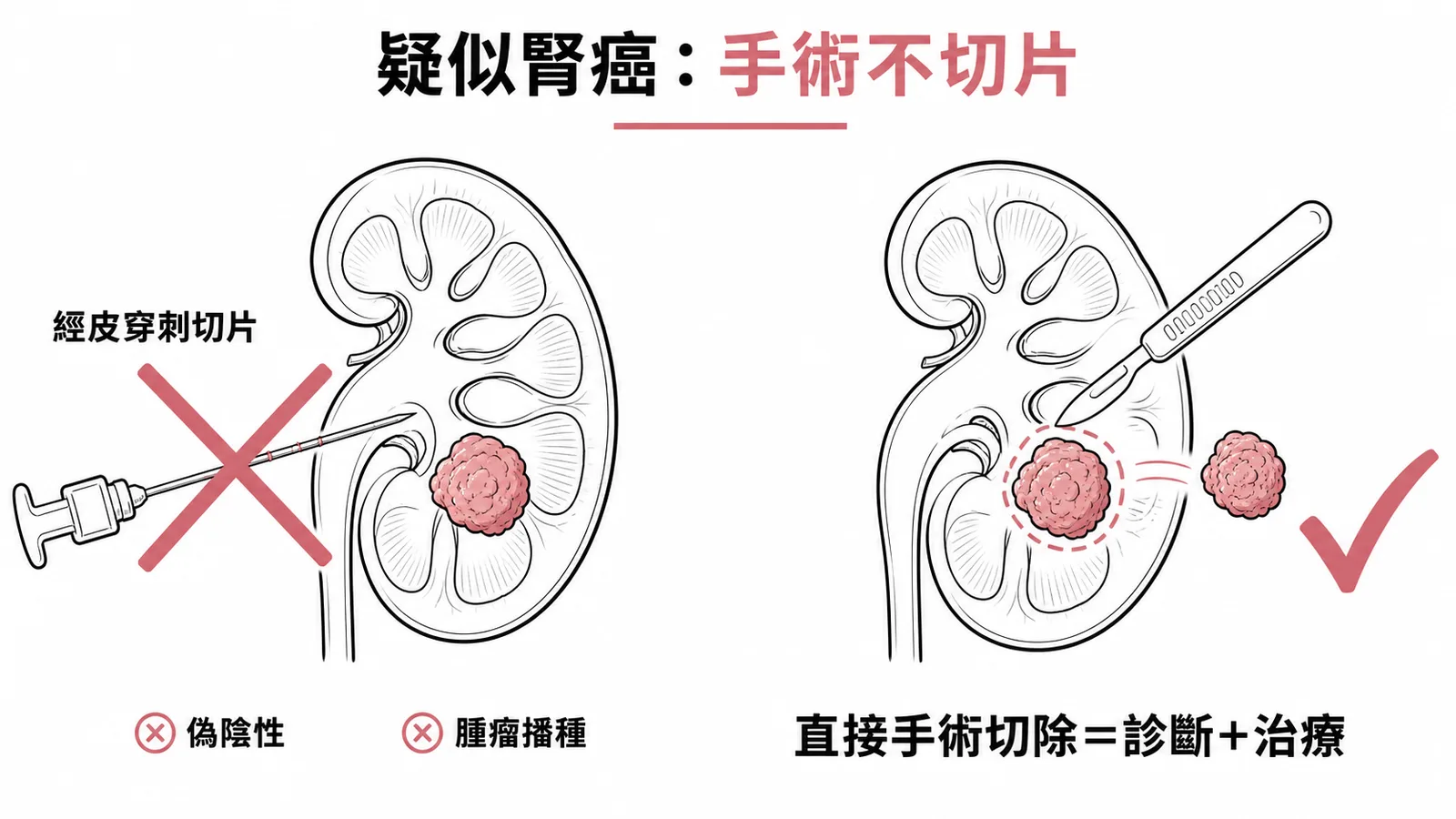 疑似腎細胞癌處理原則：直接手術切除而非常規經皮穿刺切片