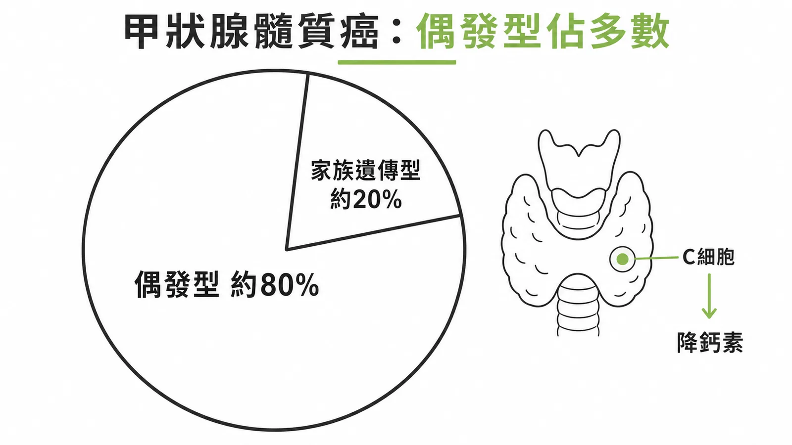 甲狀腺髓質癌偶發型與家族遺傳型比例示意