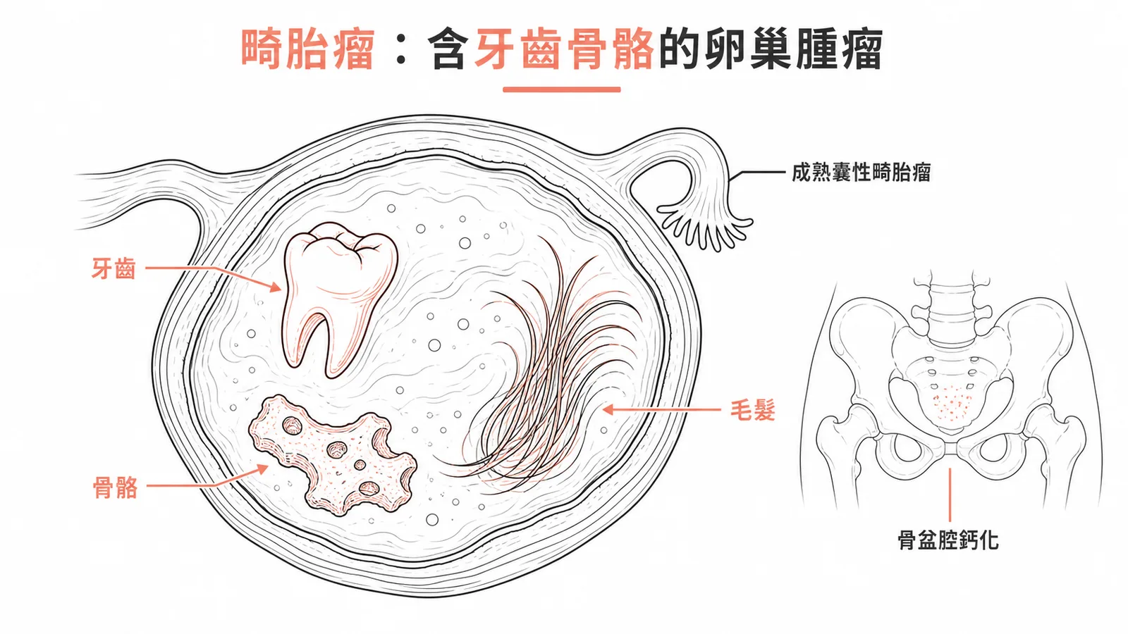 卵巢畸胎瘤剖面:含牙齒、骨骼、毛髮等多胚層組織,X光呈骨盆腔鈣化