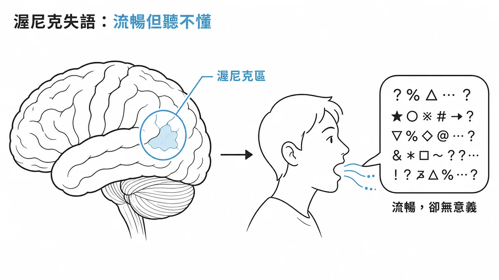 渥尼克失語症:語言流暢但內容無意義,自創新詞他人無法理解