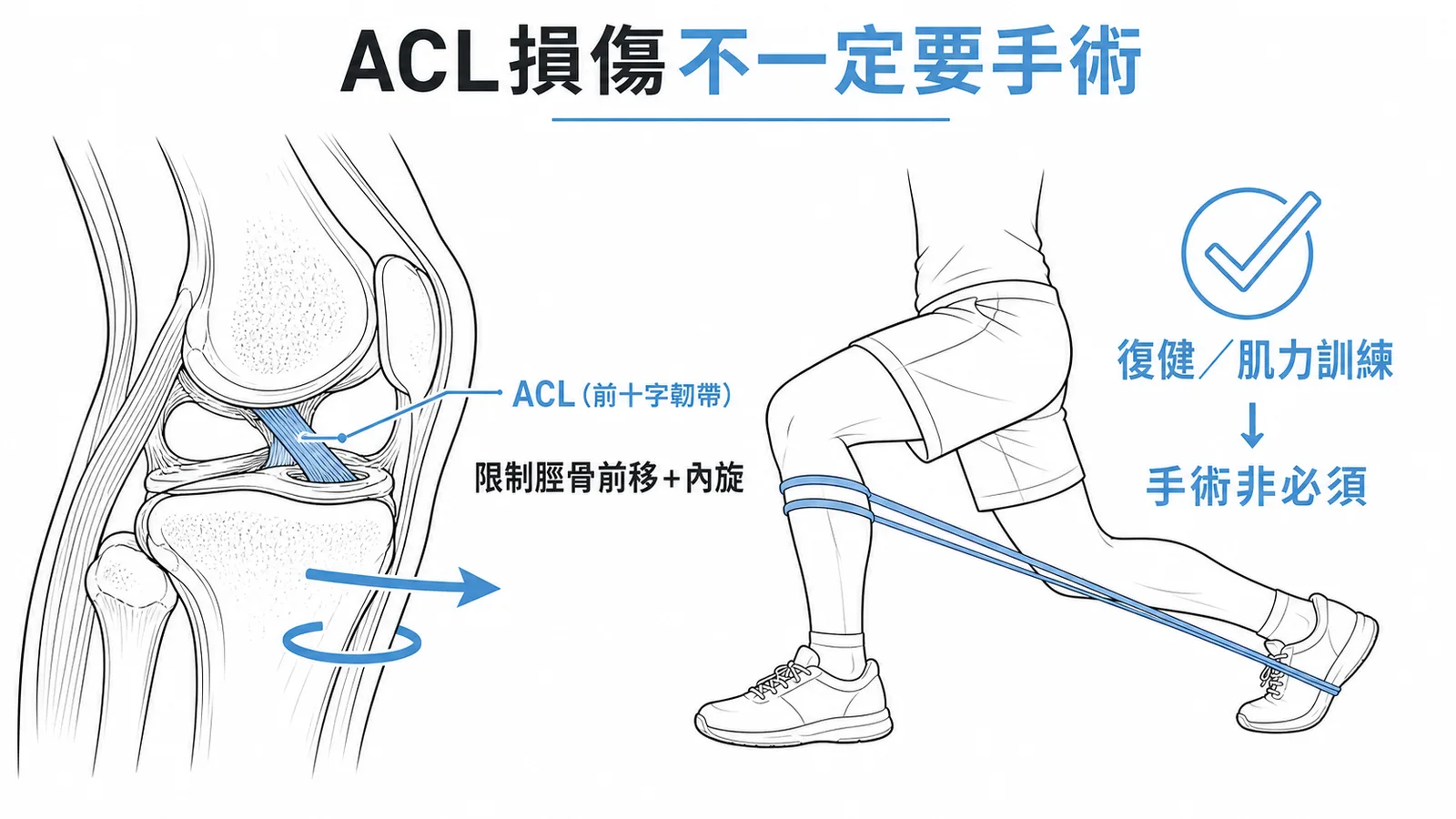 ACL損傷治療個體化復健肌力訓練手術非必須示意圖