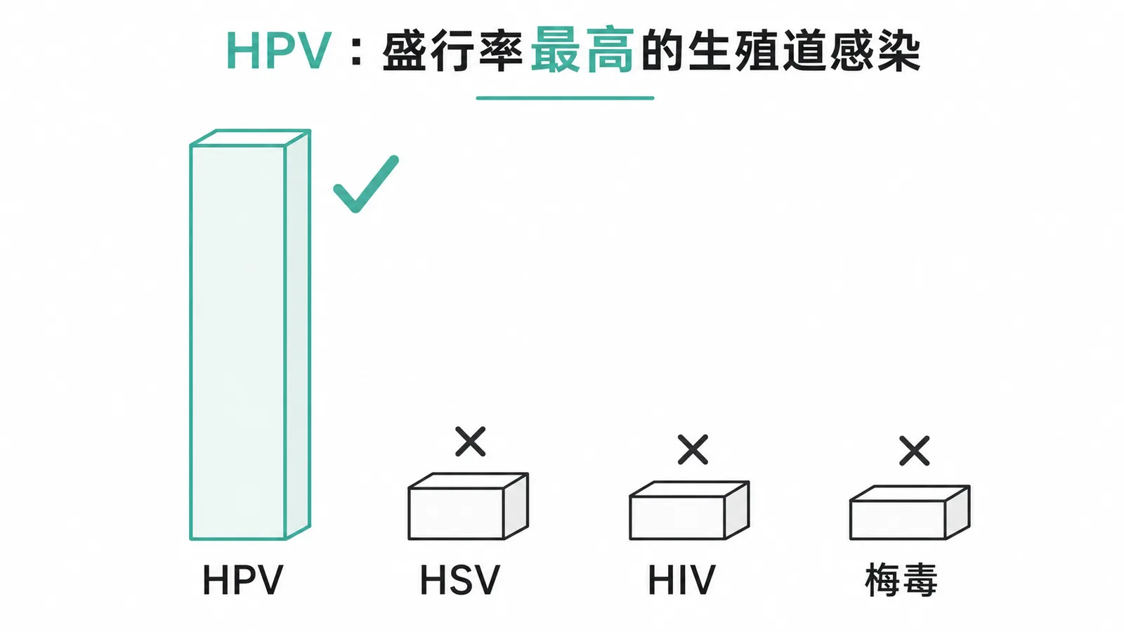HPV 為盛行率最高的婦女生殖道傳染病，遠超 HSV、HIV 與梅毒
