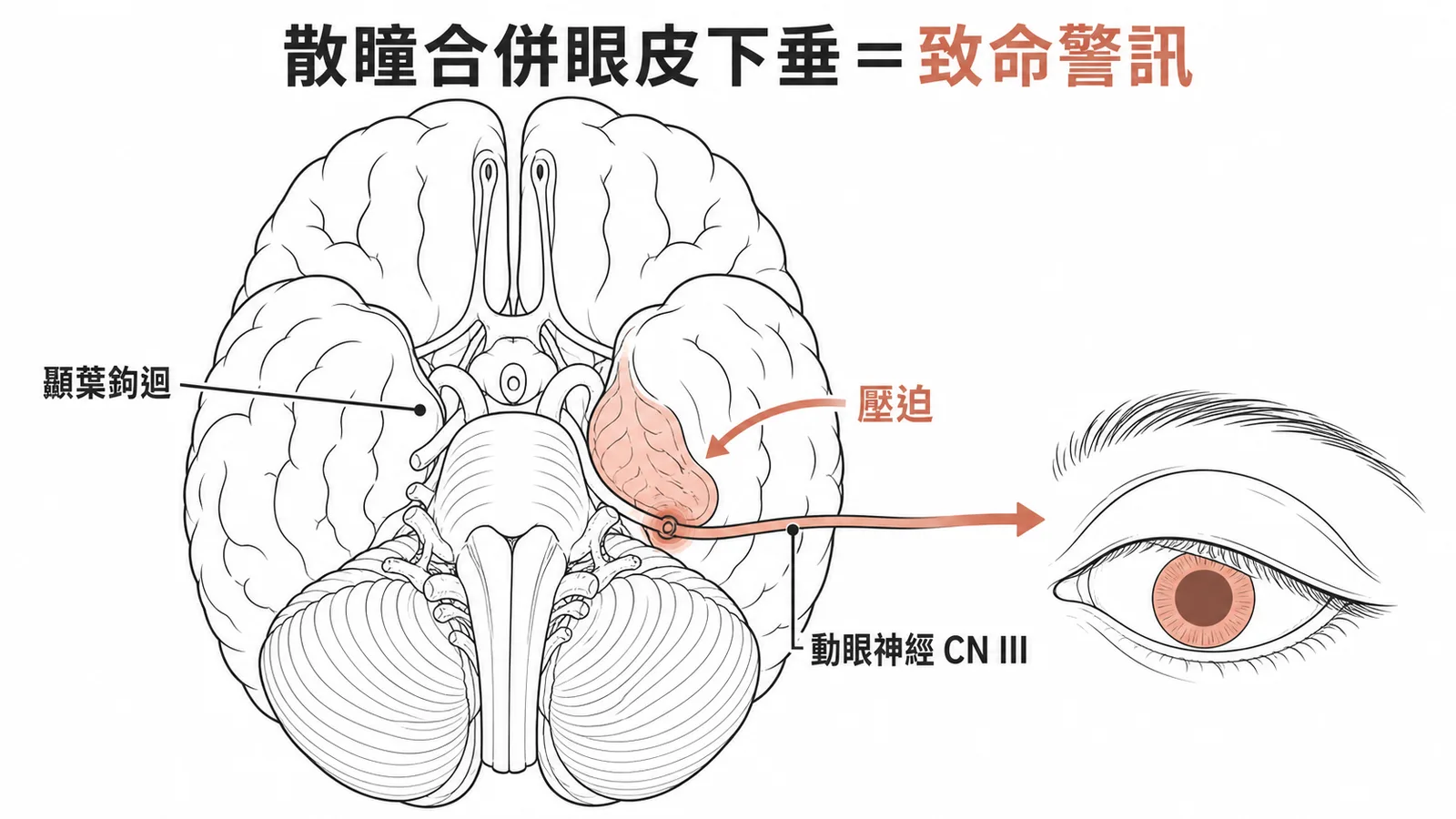 鉤迴疝壓迫動眼神經導致散瞳合併眼皮下垂為致命警訊