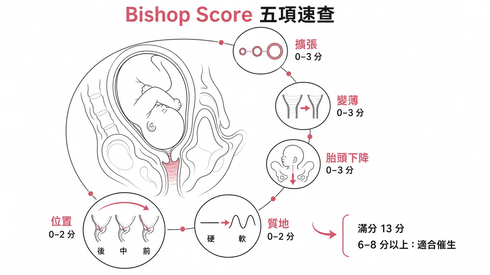Bishop Score 五項速查：擴張、變薄、胎頭下降、質地、位置，滿分 13 分