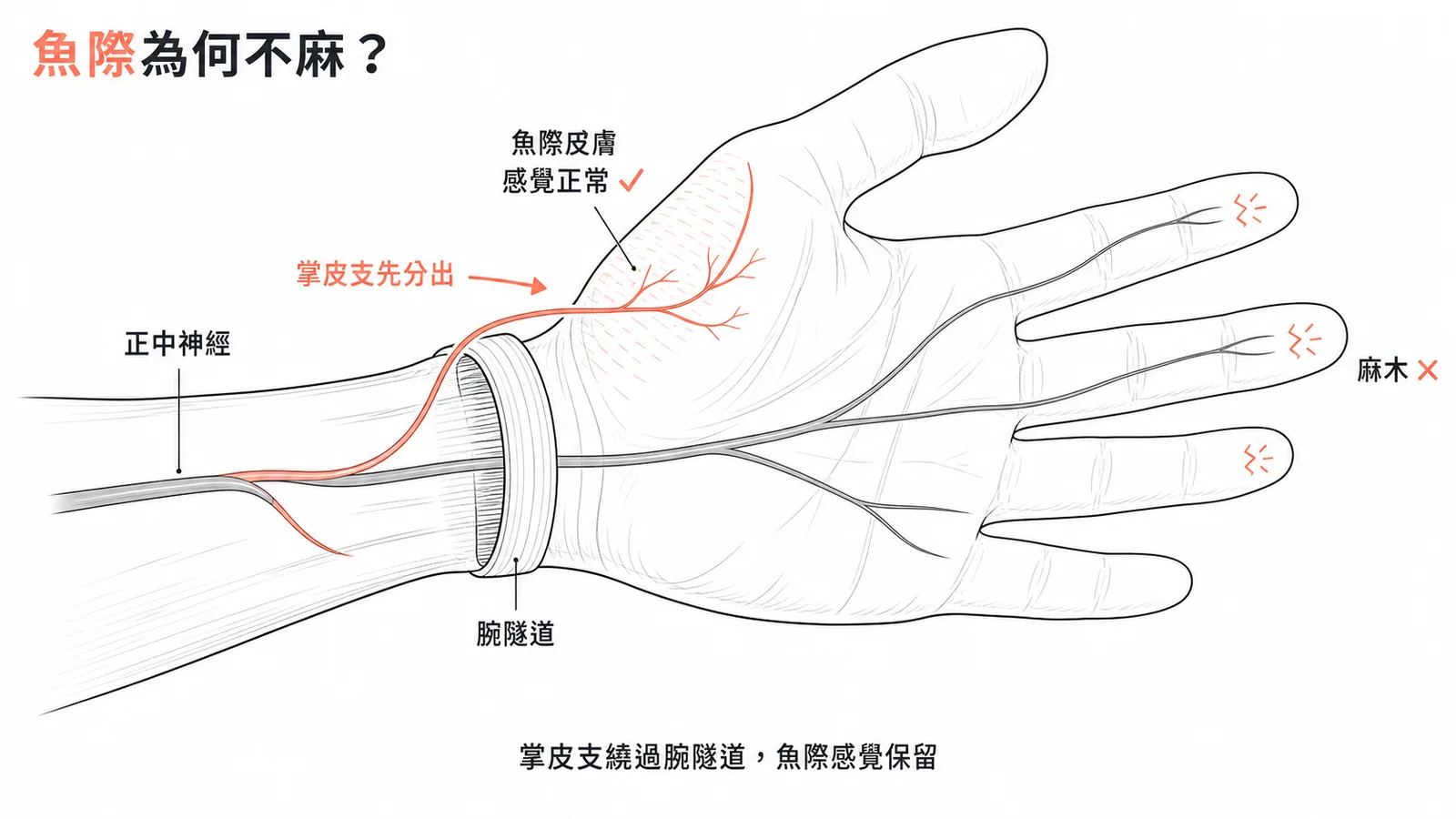 正中神經掌皮支在腕隧道外分出,魚際皮膚感覺不受壓迫影響