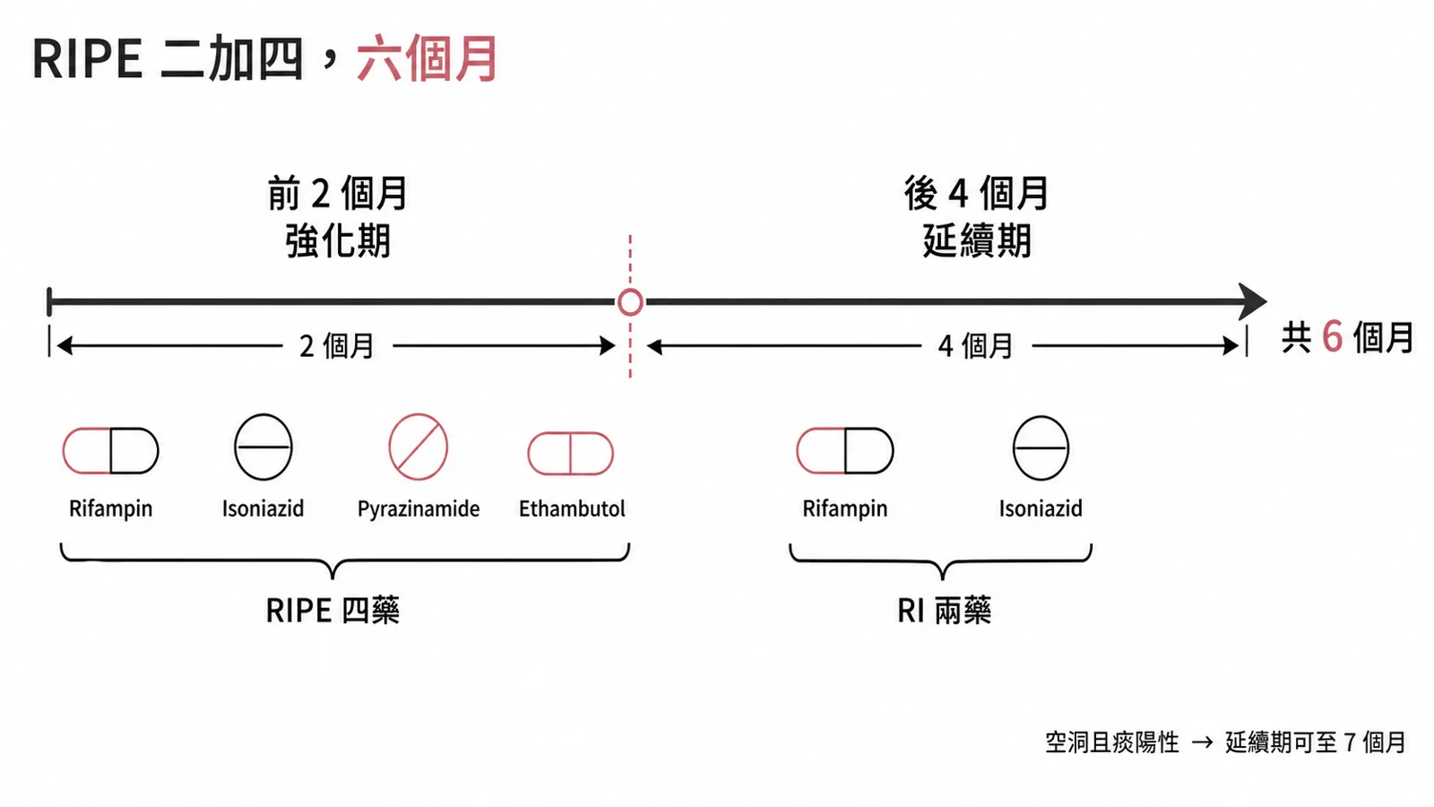 標準 RIPE 療程:強化期 2 個月四藥(rifampin、isoniazid、pyrazinamide、ethambutol),延續期 4 個月只留 rifampin 與 isoniazid