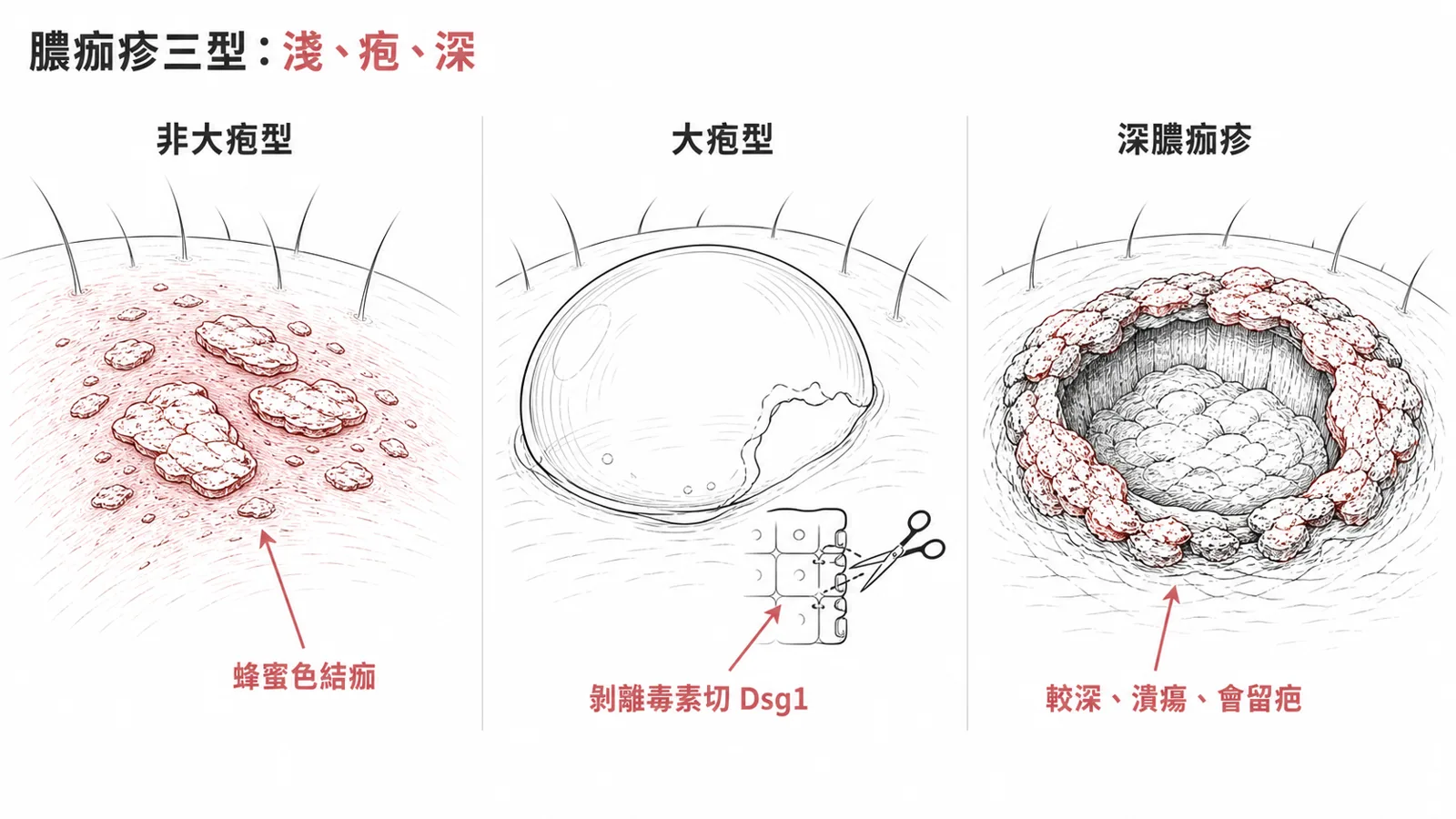 膿痂疹三型對照:非大疱型有蜂蜜色結痂、大疱型由剝離毒素切 desmoglein-1 形成薄壁水疱、深膿痂疹(ecthyma)較深形成潰瘍且會留疤