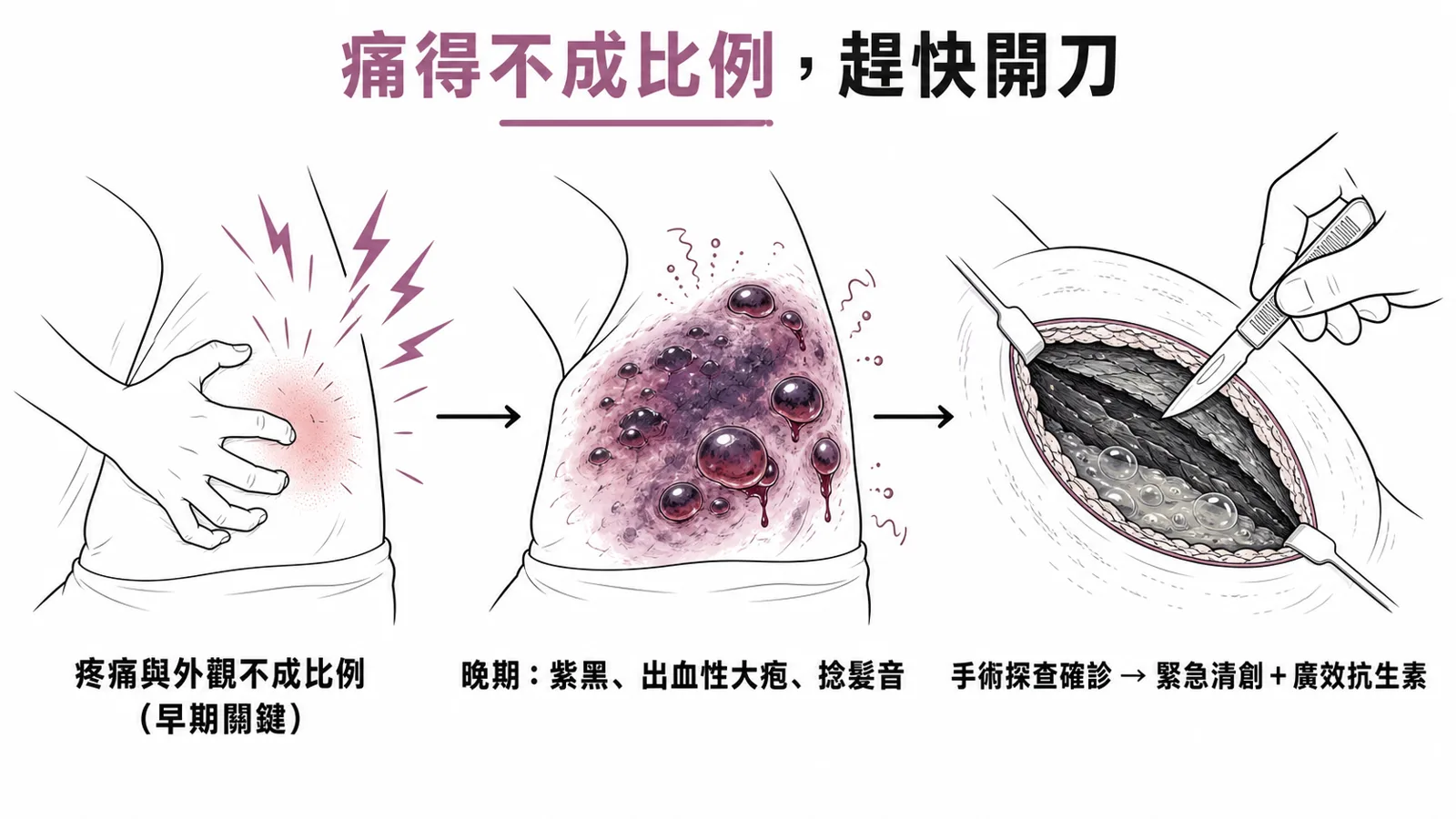 壞死性筋膜炎的關鍵:疼痛程度與外觀不成比例是早期警訊,晚期才有紫黑、出血性大疱、捻髮音;診斷靠緊急手術探查(灰暗壞死筋膜、洗碗水膿、finger test),治療是緊急清創加廣效抗生素