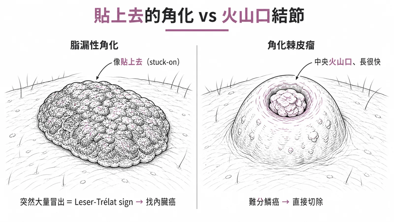 脂漏性角化與角化棘皮瘤:脂漏性角化像貼上去(stuck-on)、棕黑、界線清楚;短時間大量冒出是 Leser-Trélat sign 要找內臟惡性腫瘤;角化棘皮瘤是中央火山口狀凹陷、快速長大、難和鱗癌分