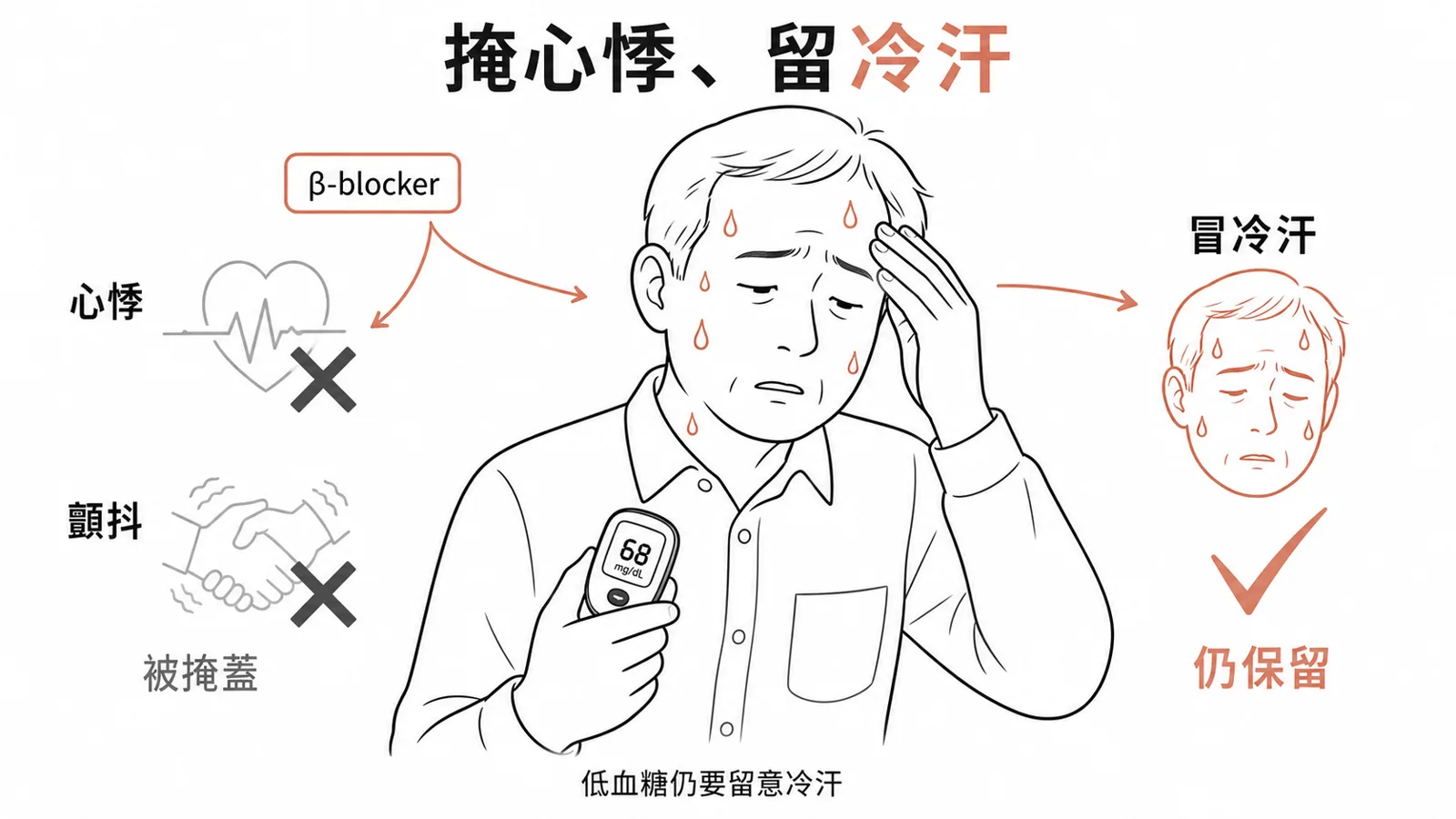 β-blocker 掩蓋低血糖的心悸與顫抖警訊，但出汗（膽鹼性）保留