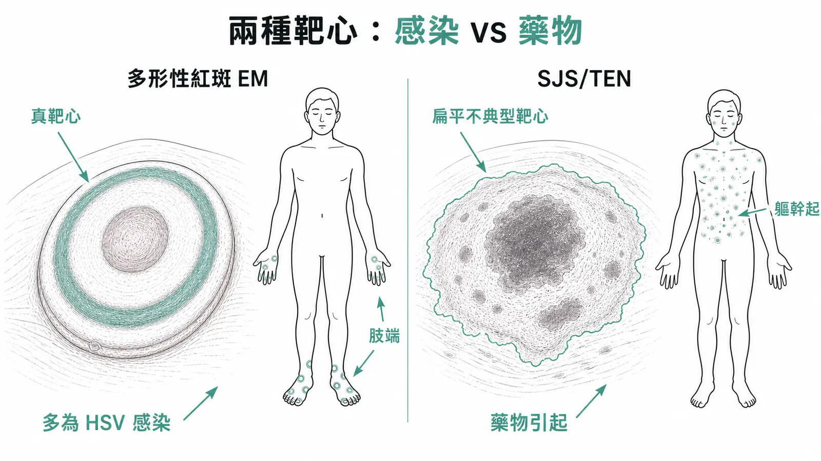 SJS/TEN 與多形性紅斑的靶心對照:SJS/TEN 是扁平、界線模糊的不典型靶心、從軀幹起、藥物引起;多形性紅斑是隆起、三個同心圓環的真靶心、好發肢端、多由 HSV 感染引起