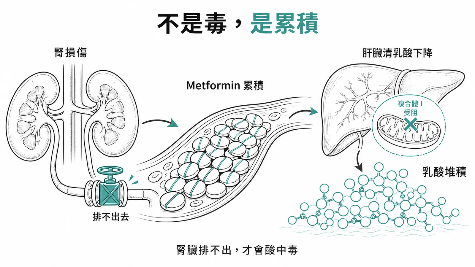 Metformin 相關乳酸中毒累積機轉線稿圖