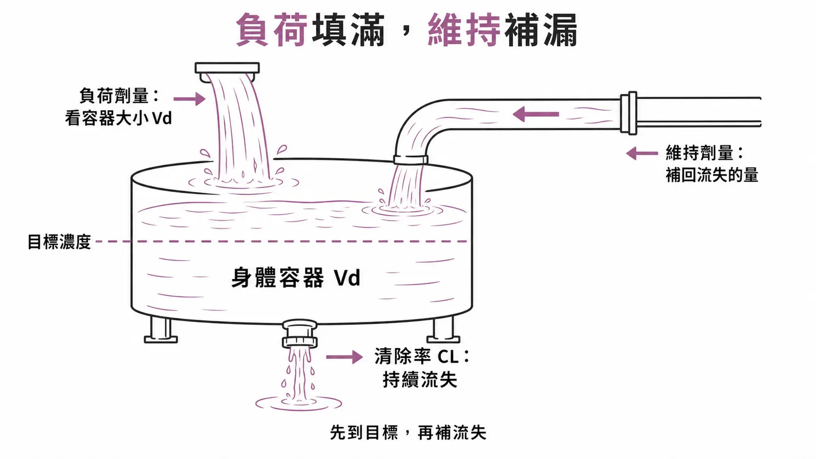 以水槽比喻負荷劑量填滿容器、維持劑量補回清除率漏掉的量