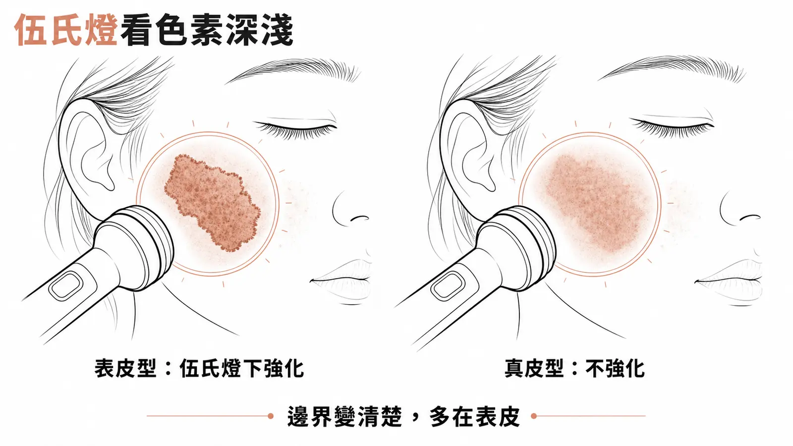 伍氏燈判斷肝斑色素深度:表皮型在伍氏燈下對比強化,真皮型不強化,據此選擇治療