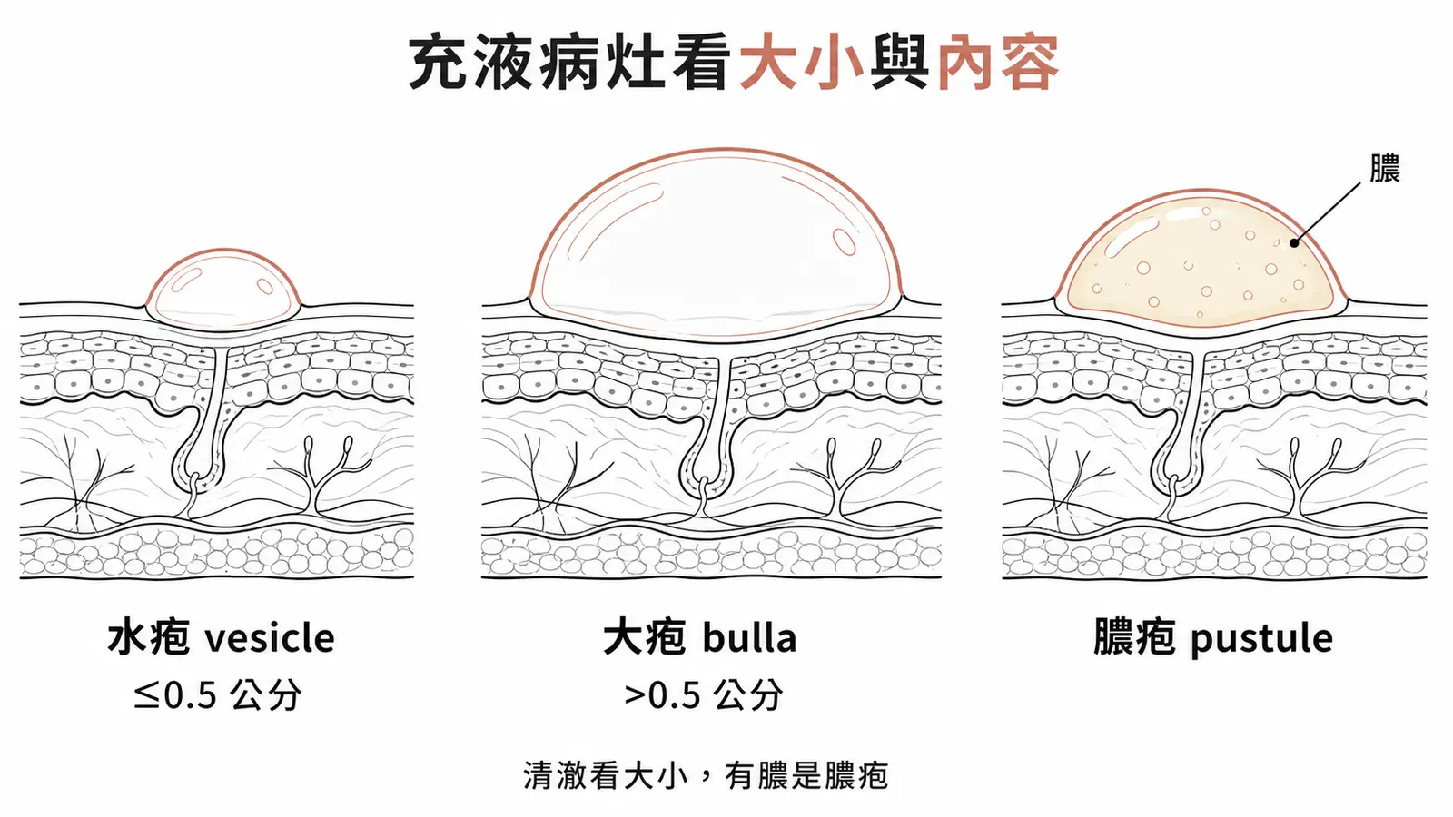 充液病灶對照:水疱(vesicle)≤0.5 公分含清澈液體、大疱(bulla)>0.5 公分含清澈液體、膿疱(pustule)內含膿液