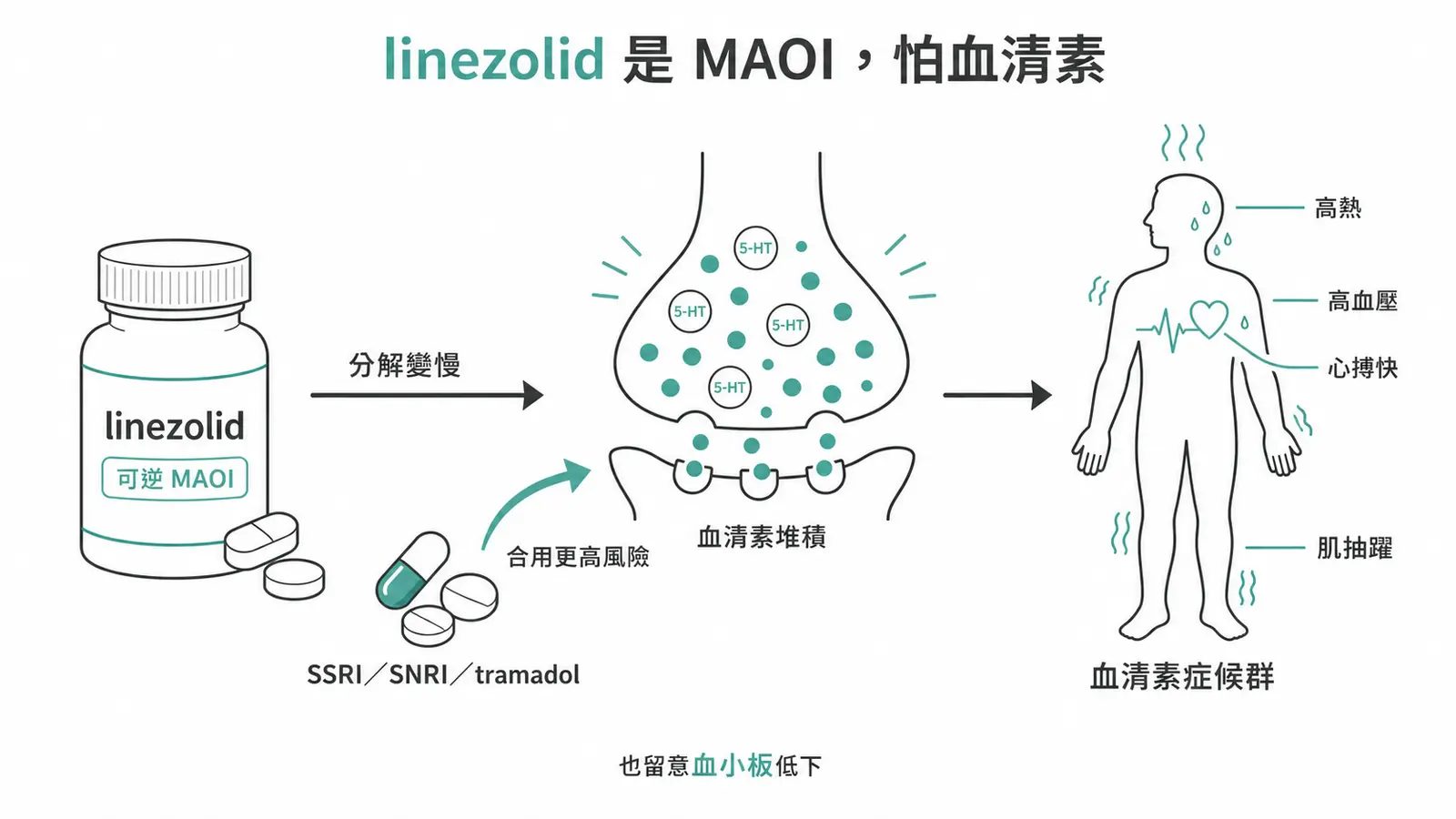 linezolid 是可逆 MAOI，配血清素類藥物會血清素症候群；也常見血小板低下