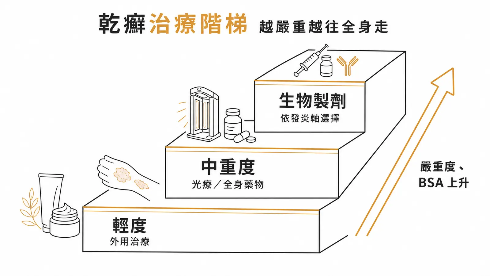 乾癬治療階梯:外用藥、光療、全身性藥物、依發炎軸設計的生物製劑