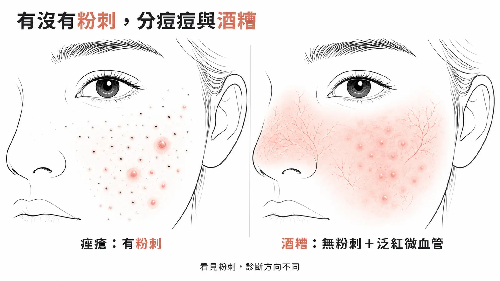 酒糟與痤瘡鑑別:痤瘡有粉刺;酒糟無粉刺,以臉部正中央泛紅、微血管擴張與丘疹膿疱表現