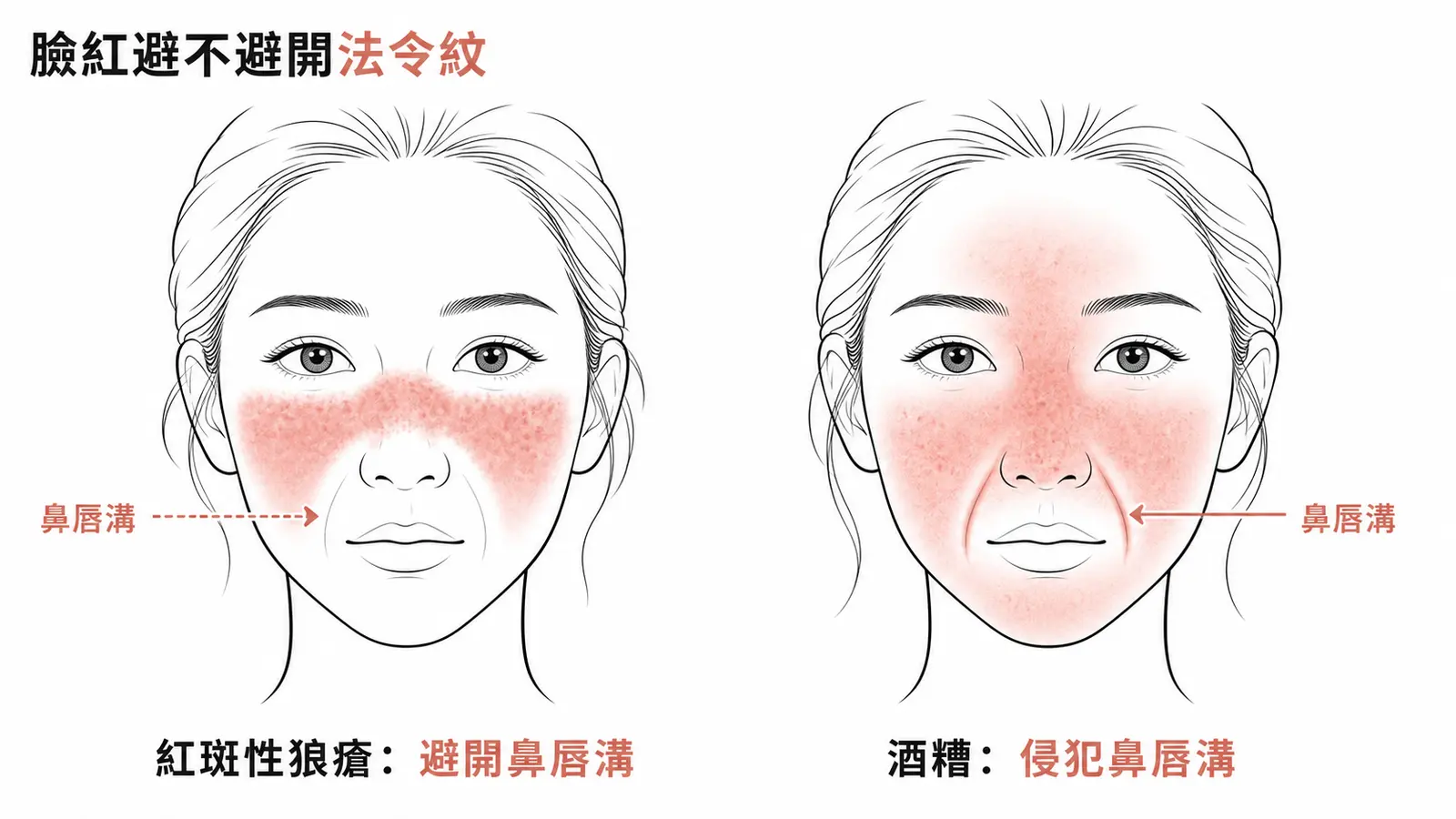 酒糟與紅斑性狼瘡鑑別:狼瘡蝴蝶斑避開鼻唇溝,酒糟則侵犯臉部正中央並蓋住鼻唇溝