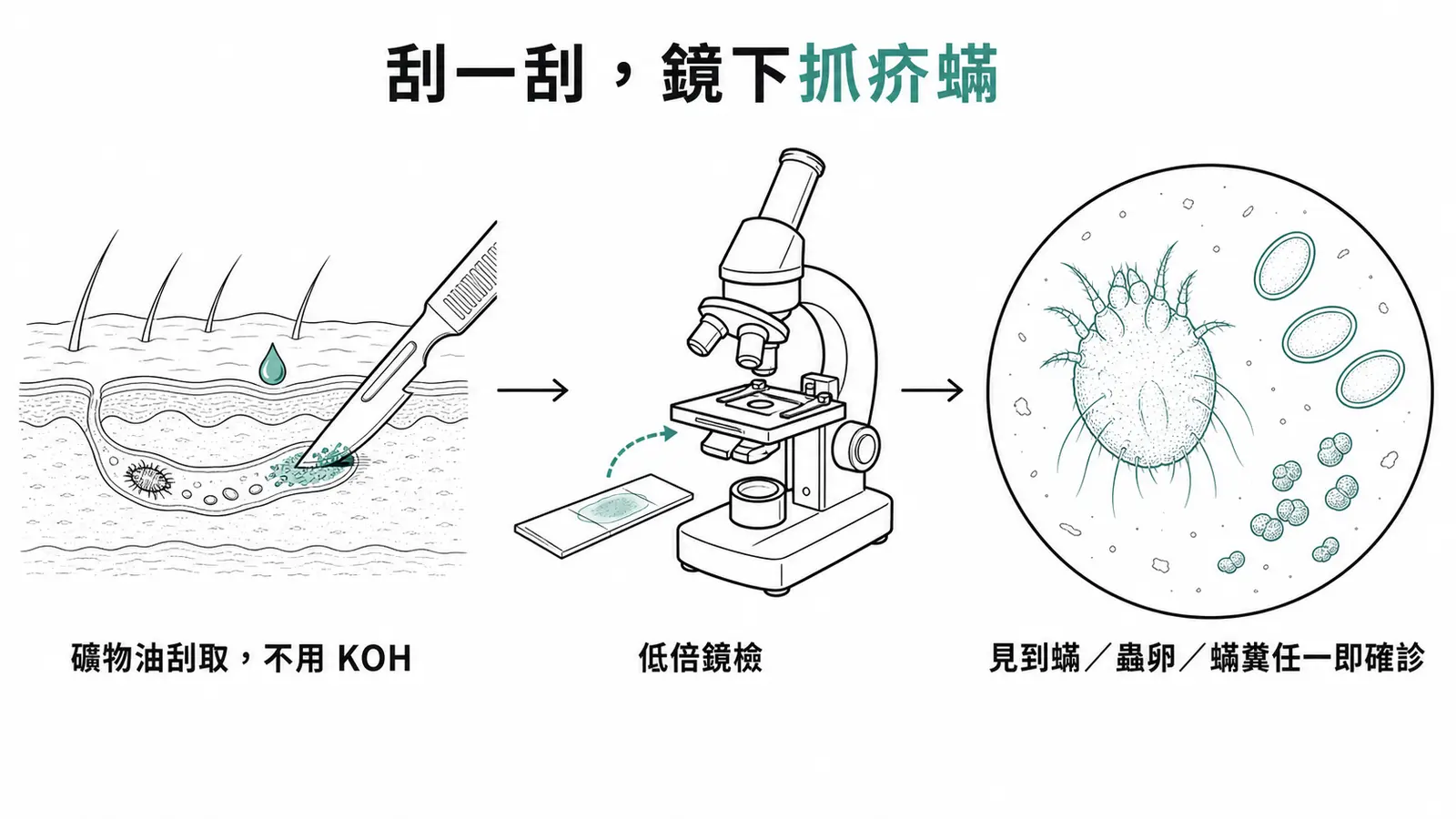 疥瘡皮膚刮取鏡檢流程:在隧道末端用滴了礦物油(非 KOH)的刀片刮取,玻片置於顯微鏡低倍鏡下,見到疥蟎、蟲卵或蟎糞任一項即可確診