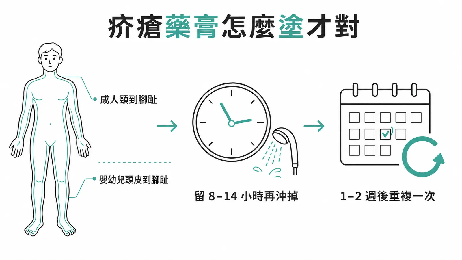 permethrin 5% 藥膏正確用法流程:成人頸到腳趾、嬰幼兒從頭皮到腳趾塗抹,停留 8–14 小時後沖洗,隔 1–2 週再重複塗抹一次
