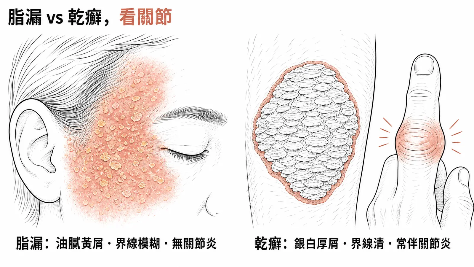 脂漏性皮膚炎與乾癬鑑別：脂漏為油膩黃色鱗屑、界線模糊、不伴關節炎；乾癬為厚銀白鱗屑、界線清楚、常伴乾癬性關節炎