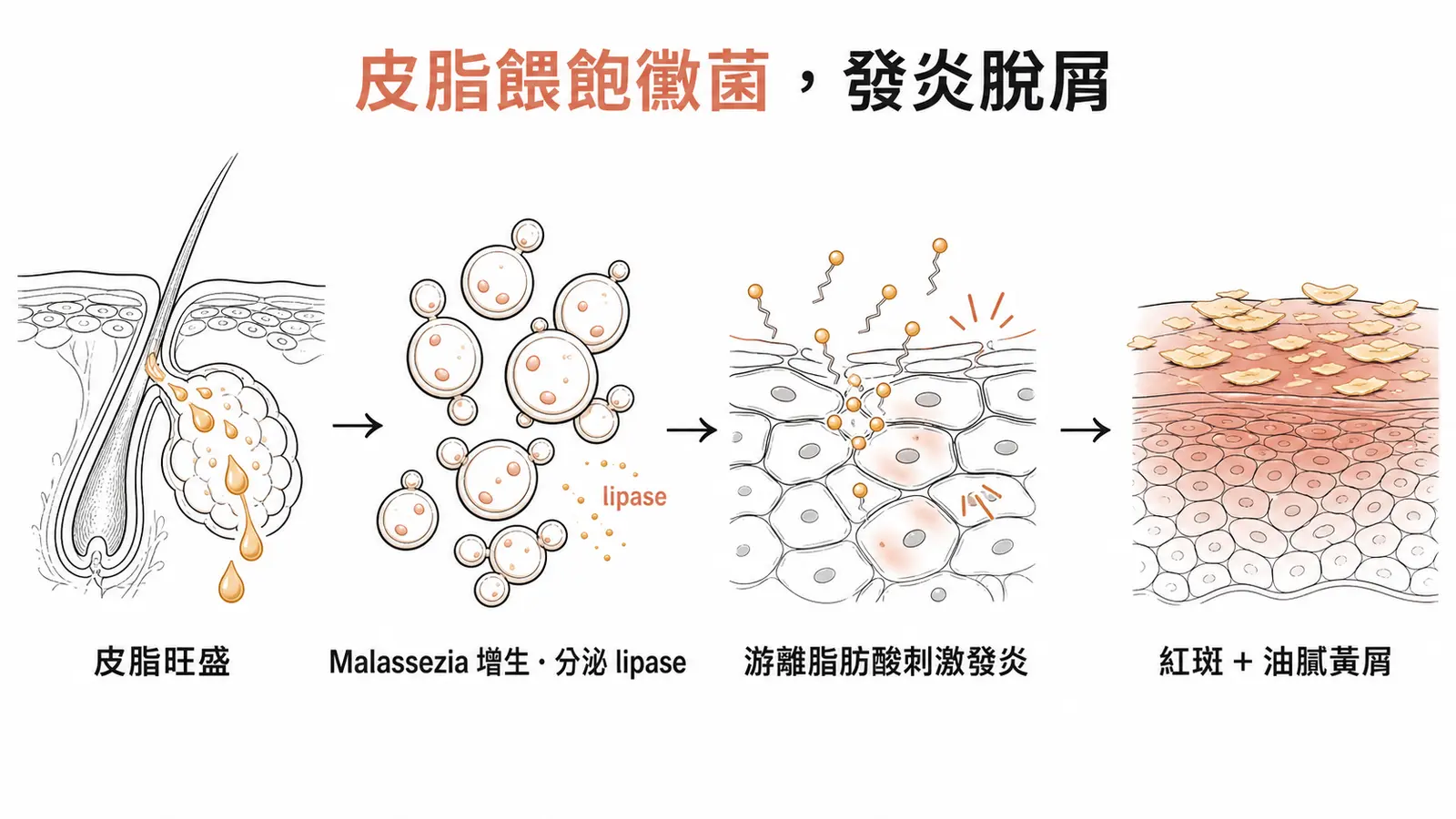 脂漏性皮膚炎機轉：皮脂旺盛餵養 Malassezia 過度增生，分泌 lipase 把皮脂拆成游離脂肪酸刺激表皮發炎，形成紅斑與油膩黃色鱗屑