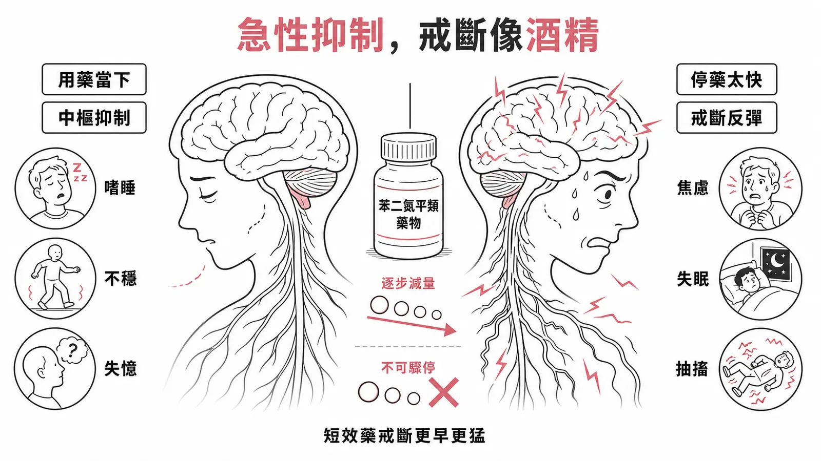 苯二氮平急性副作用與戒斷不同：急性是中樞抑制，戒斷是長期停藥太快才發生且似酒精