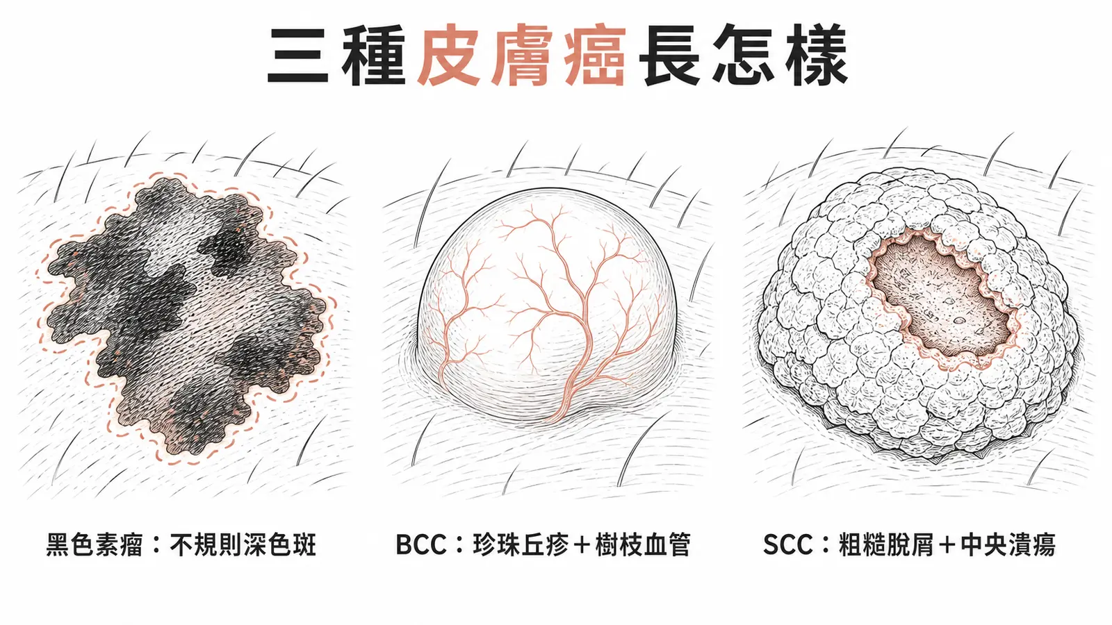 三種皮膚癌外觀對照:黑色素瘤深色不規則、BCC 珍珠樣加血管絲、SCC 粗糙潰瘍