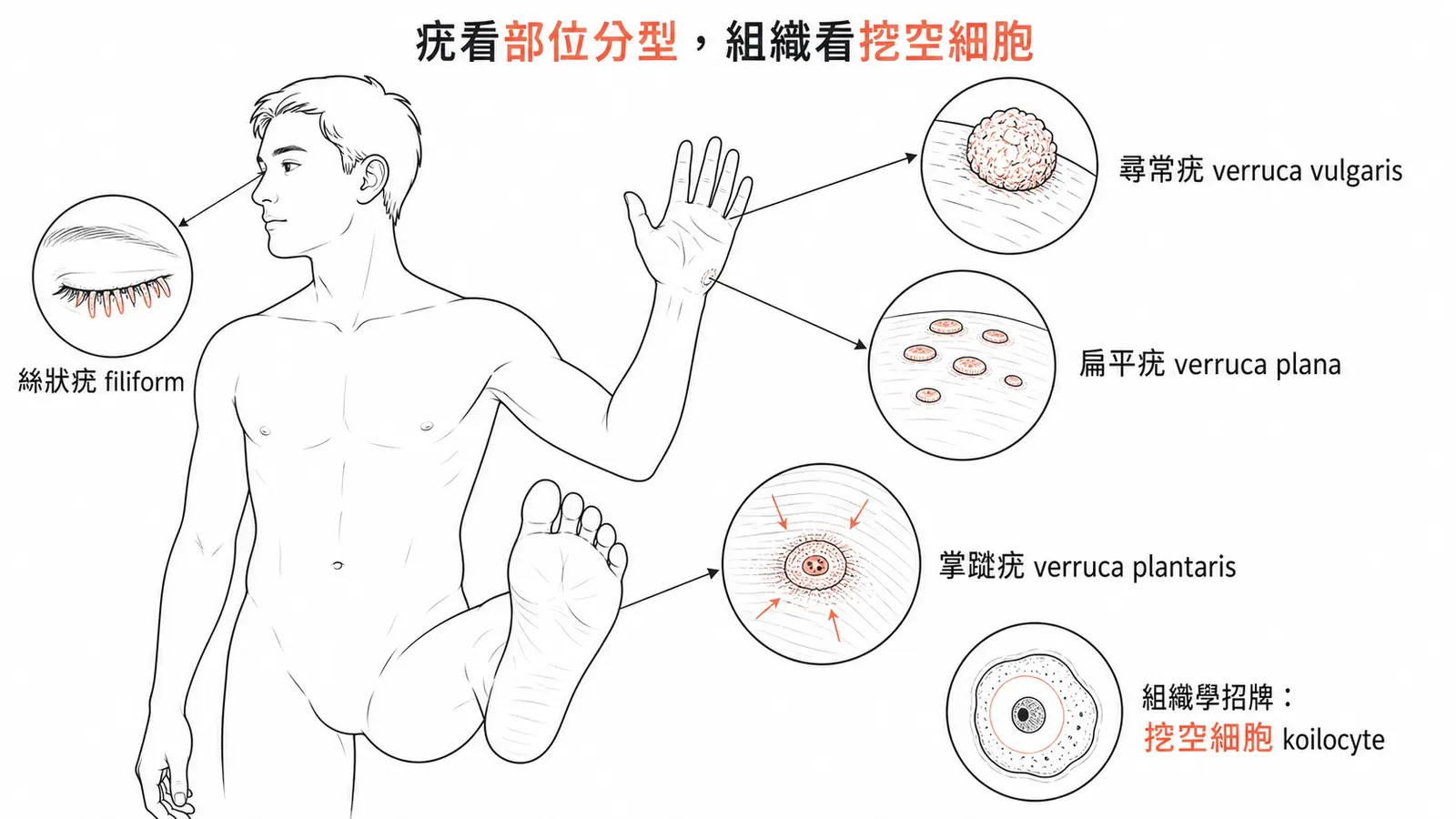 HPV 疣依部位分型:尋常疣(手、過度角化丘疹)、扁平疣(手背與臉、扁平)、掌蹠疣(手掌腳掌深部會痛)、絲狀疣(眼瞼嘴唇線狀突起);組織學招牌是挖空細胞 koilocyte