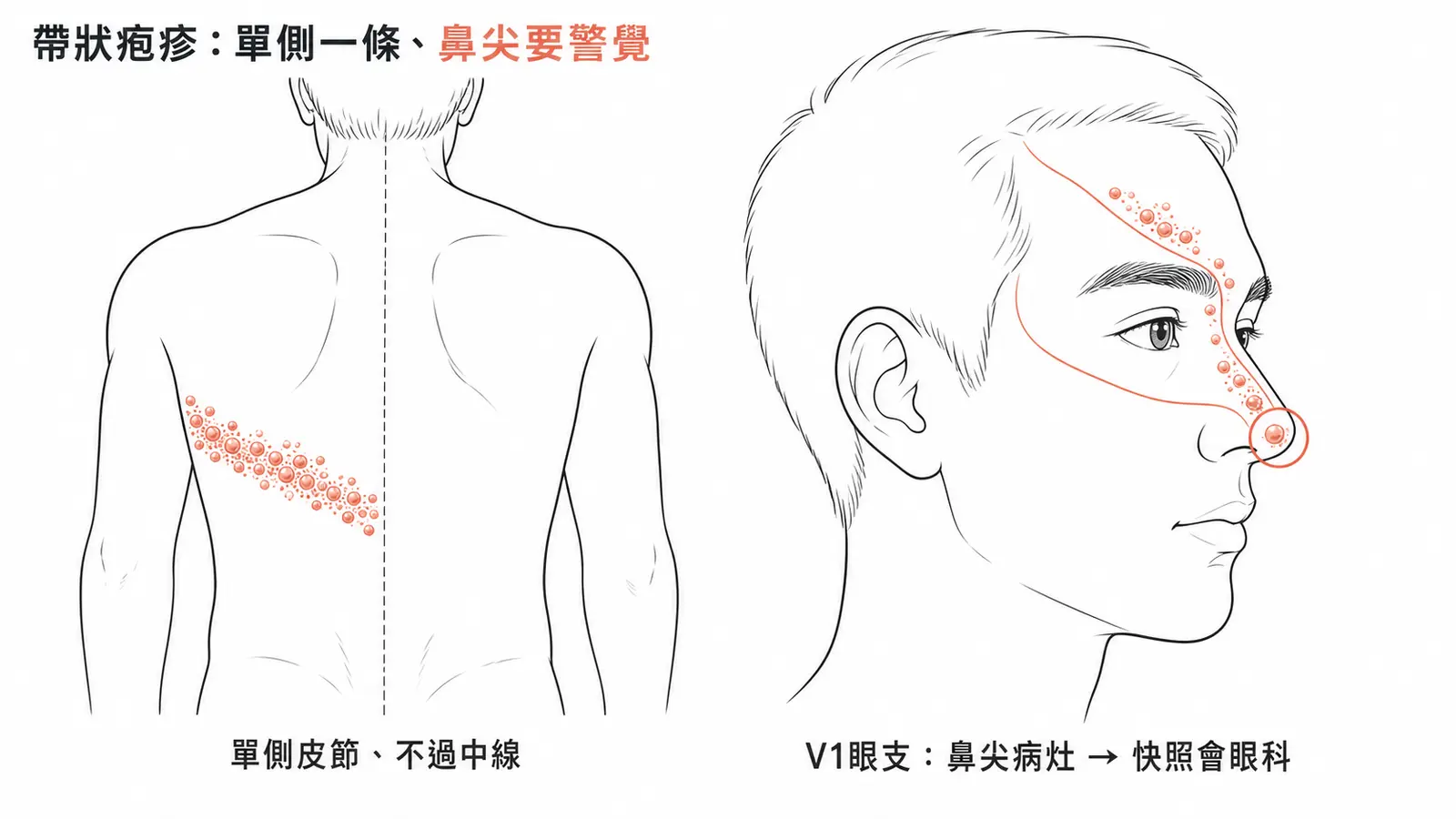 帶狀疱疹沿單側皮節分布、不越過身體中線的成簇水疱;眼支(V1)受累時鼻尖出現病灶(Hutchinson sign)代表鼻睫神經受累、眼睛有風險
